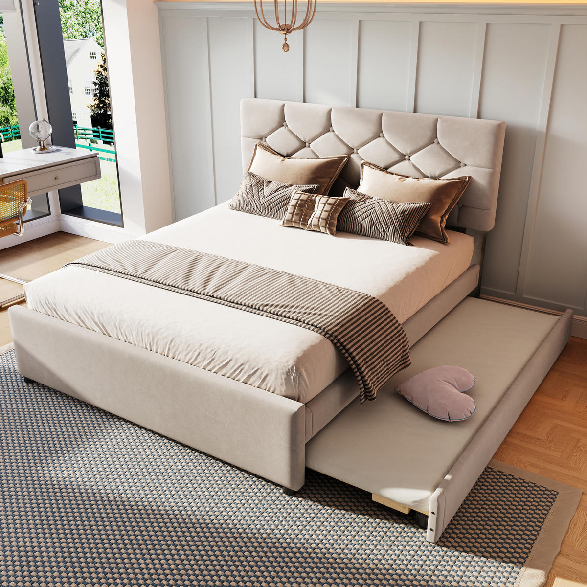 POLSTERBETT 140/200 cm & 90/190 cm in Beige Samt mit Ausziehbett und Lattenrost - Beige, Holzwerkstoff/Textil (140/200cm) - STILVORA