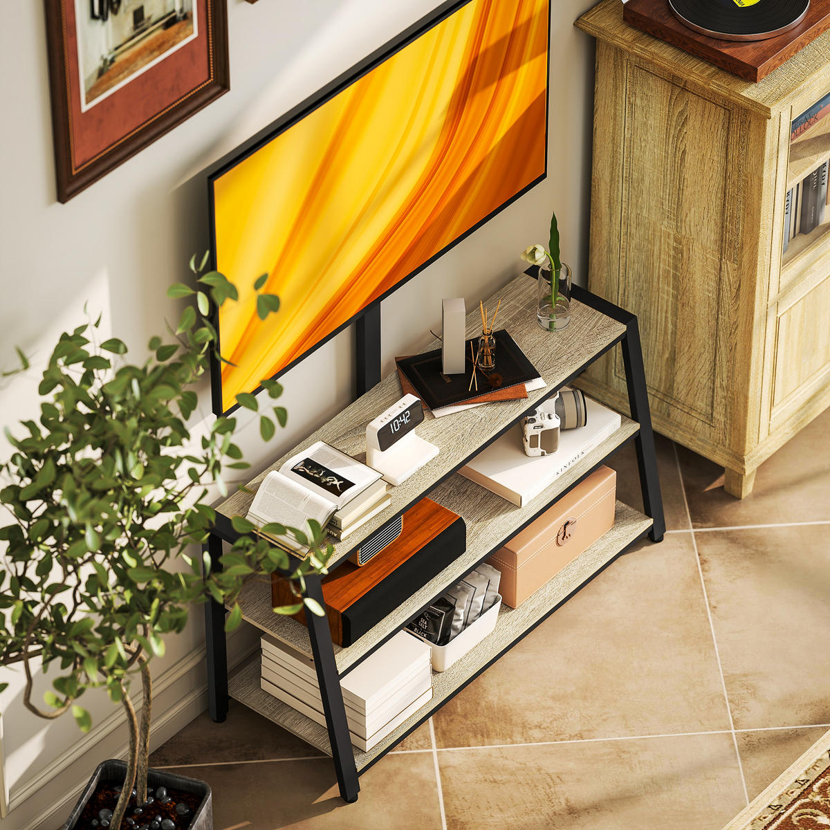 TV-SCHRANK Natur/Schwarz 108/41/135 cm, Schwenkbare Halterung, Offene Fächer, Holzoptik - Naturfarben, Holzwerkstoff (108/135/41cm) - PANGIVO