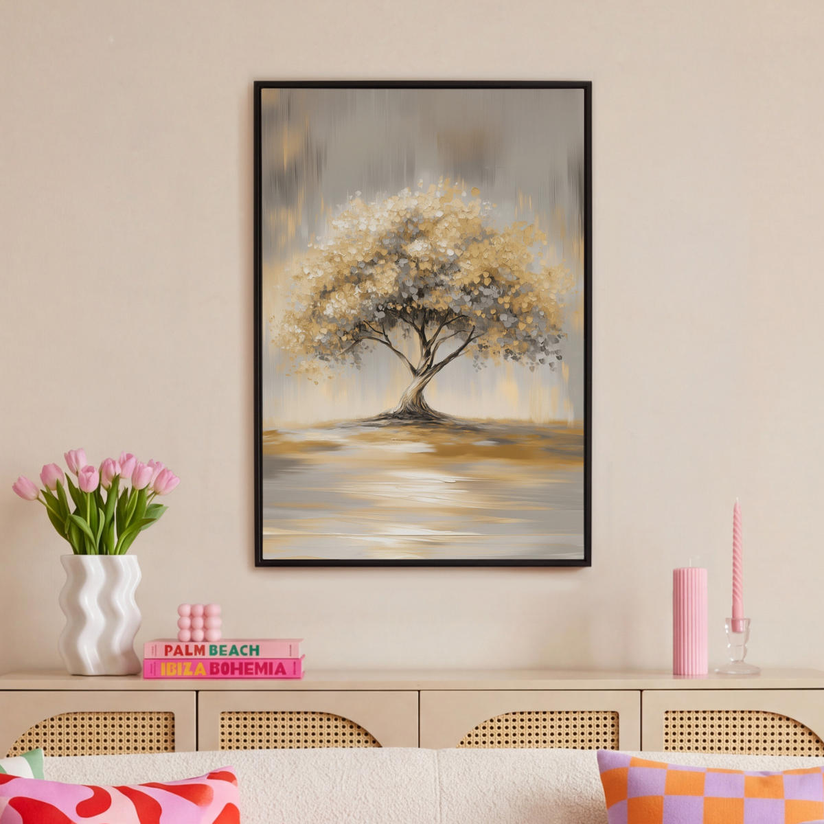 LEINWAND Bilder mit Rahmen - Gemälde - Baum - Abstrakt - Blätter - 60x90 - Beige, Textil (60/90cm) - MuchoWow