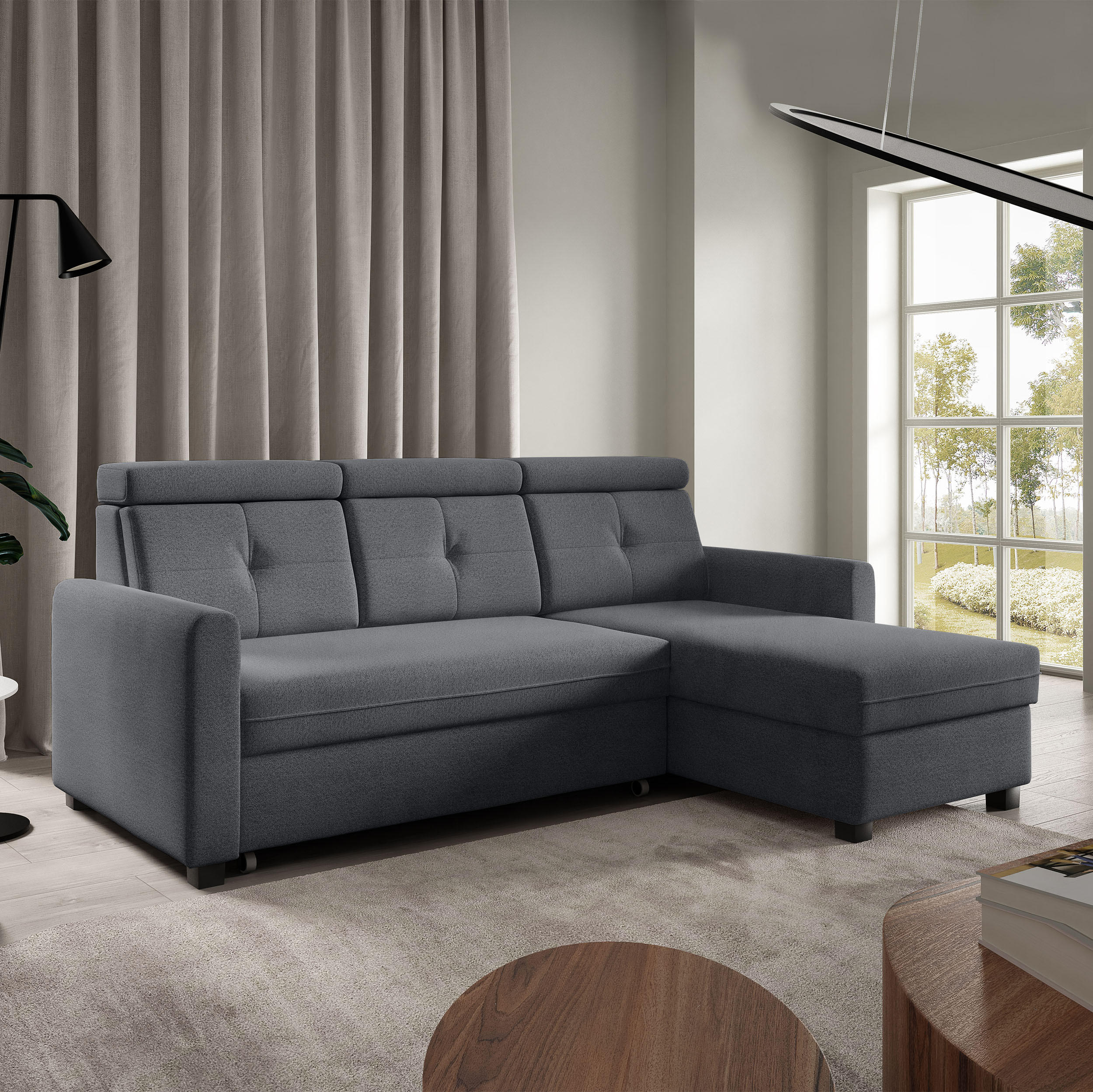 ECKSCHLAFSOFA Milano, Dunkelgrau, rechts - Dunkelgrau/Schwarz, Textil (217/166cm) - Beautysofa