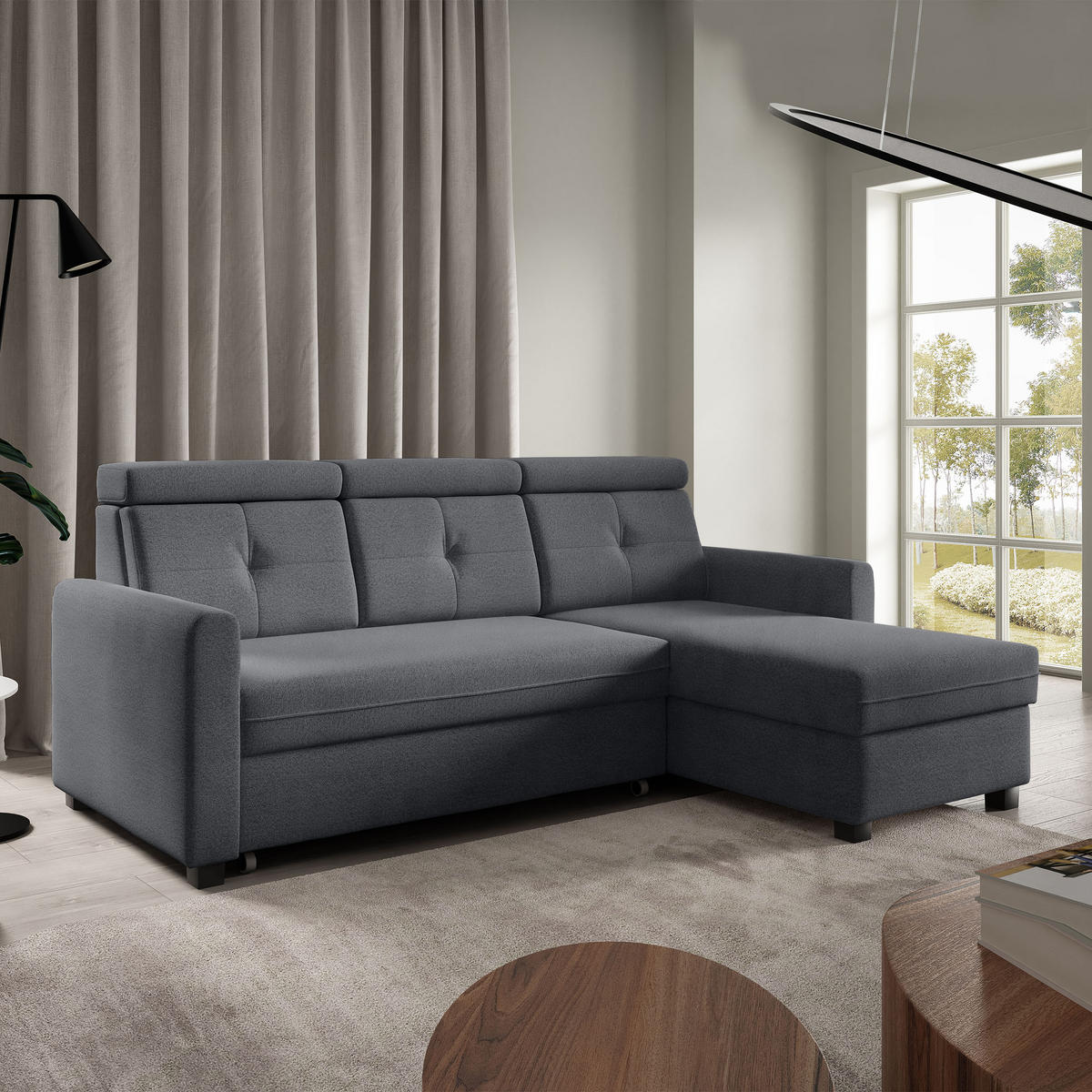 ECKSCHLAFSOFA Milano, Dunkelgrau, rechts - Dunkelgrau/Schwarz, Textil (217/166cm) - Beautysofa