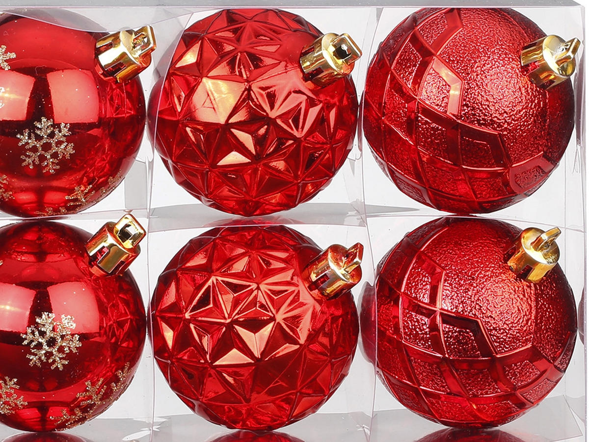 CHRISTBAUMKUGEL-SET 12 Ornamenten: rote runde Mix-Ornamente 6 cm - Rot, Kunststoff (0.01/1/0.01cm) - LAALU