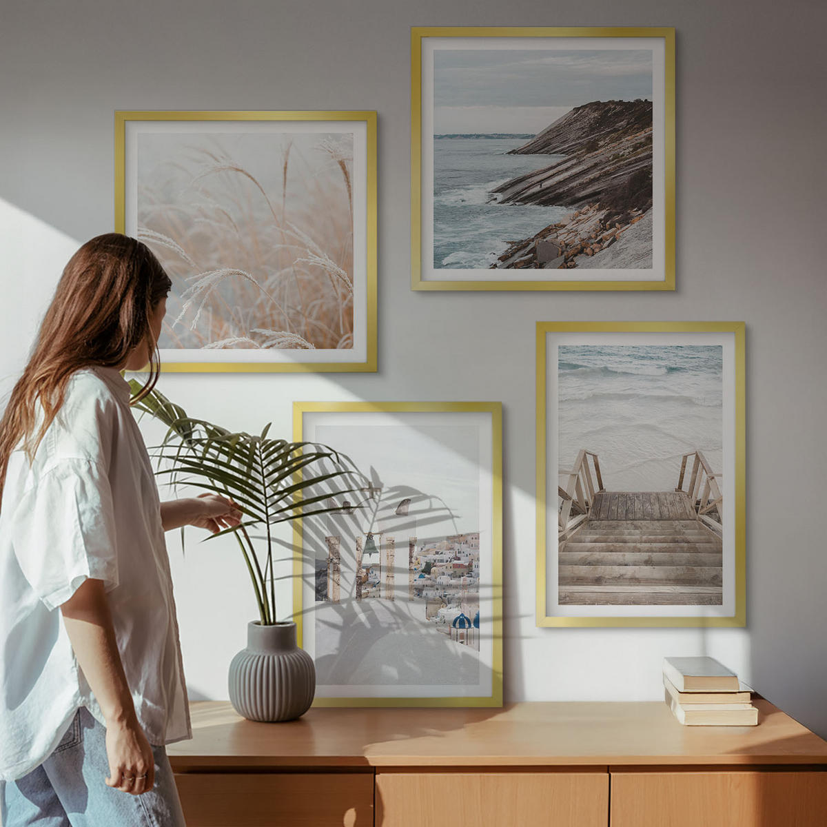 BILDER SET 4er Set - 50x50 cm & 40x60 cm Goldrahmen - Meeresarchitektur Santorin - Goldfarben, Kunststoff (50/50cm) - TULUP