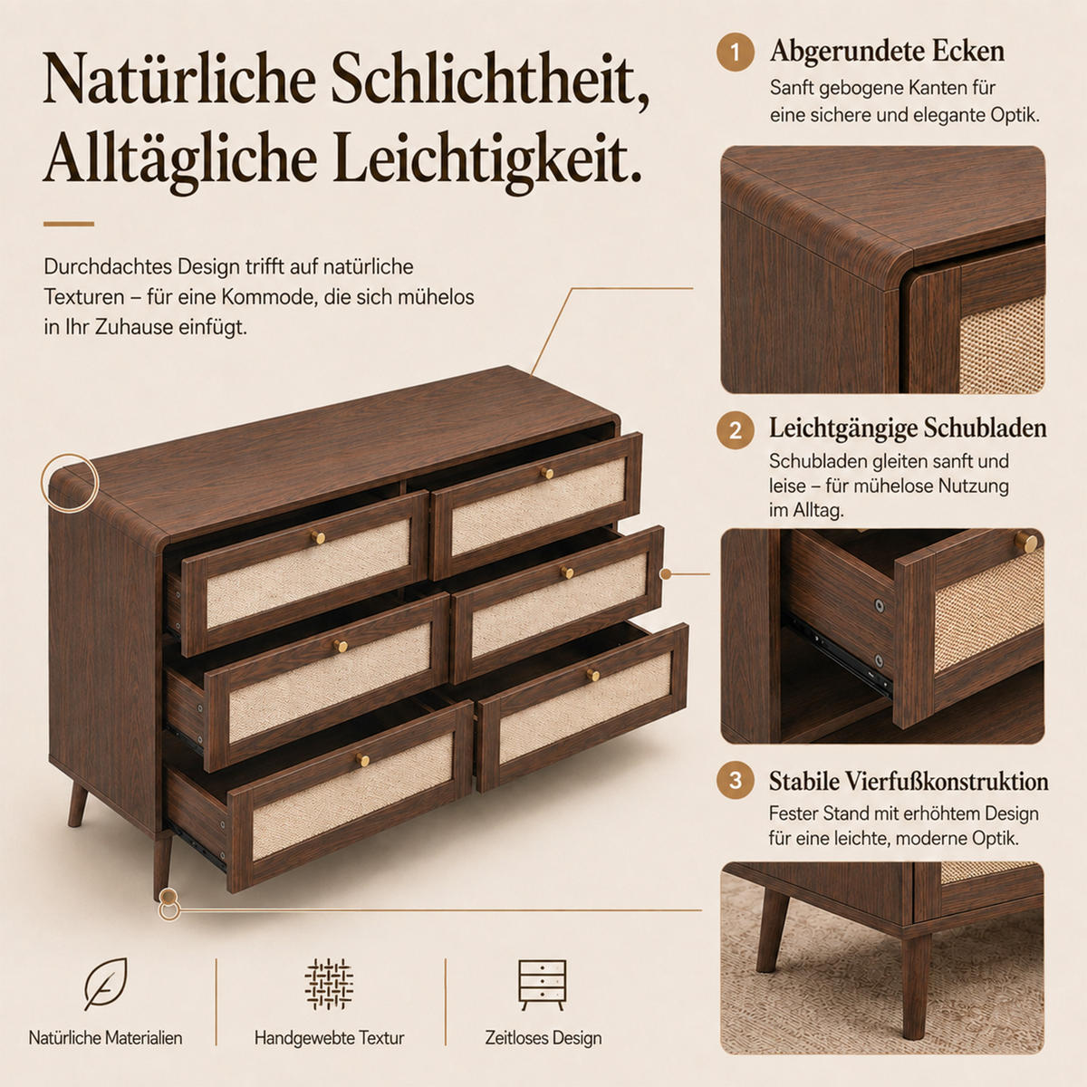 KOMMODE 120cm Walnuss mit 6 Schubladen und Rattan - Walnussfarben, Holzwerkstoff (120/80/40cm) - FLIEKS