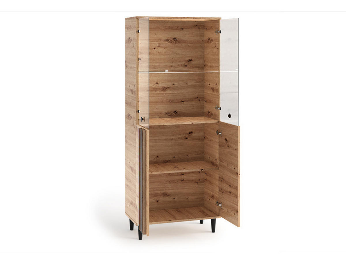 VITRINE Laura III 80 cm 4-türig mit Lamellen und Holzbeine, eiche artisan, schwarz - Schwarz/Eiche Artisan, Holz/Kunststoff (80/196/40cm) - Margaret Hadas24