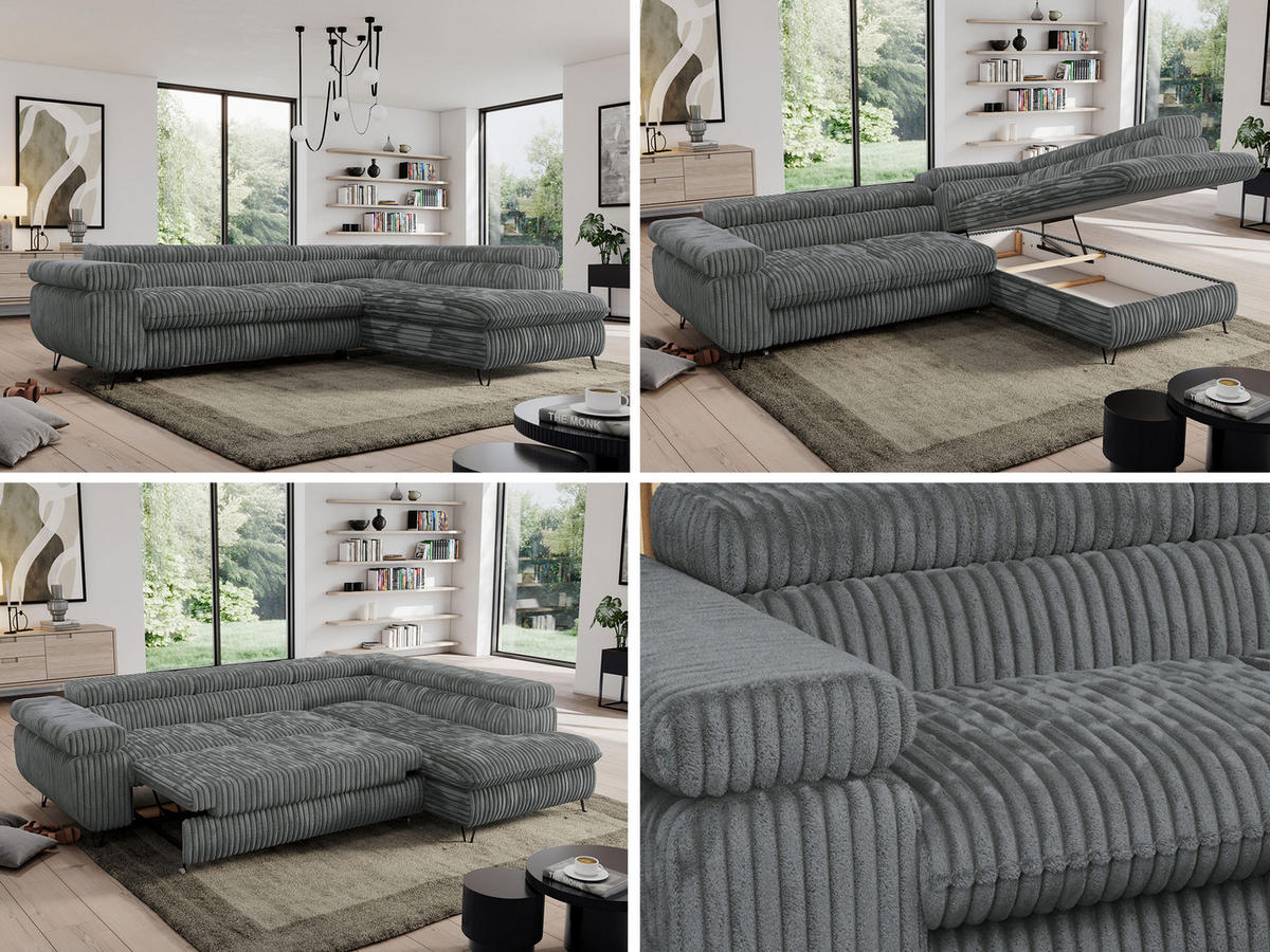 ECKSOFA PEDRO L Dunkelgrau Cord - Rechts Seite - Dunkelgrau/Schwarz, Textil/Metall (273/208cm) - MKS
