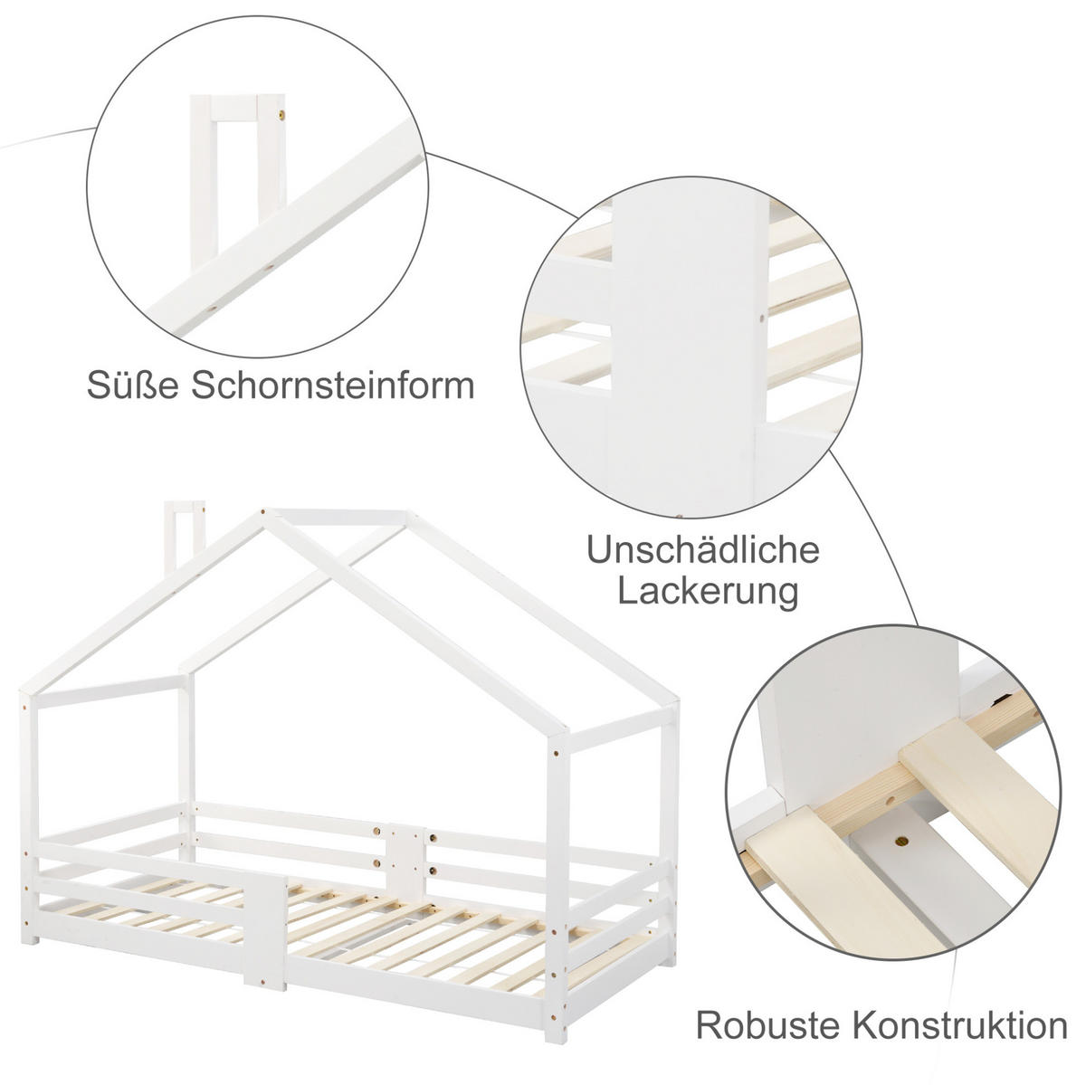 KINDERBETT Kindereinzelbetten 90/200 cm mit Rausfallschutz, Lattenrost und Schornstein-Design aus Kiefernholz, Weiß - Weiß, Holz (90/90cm) - Redom