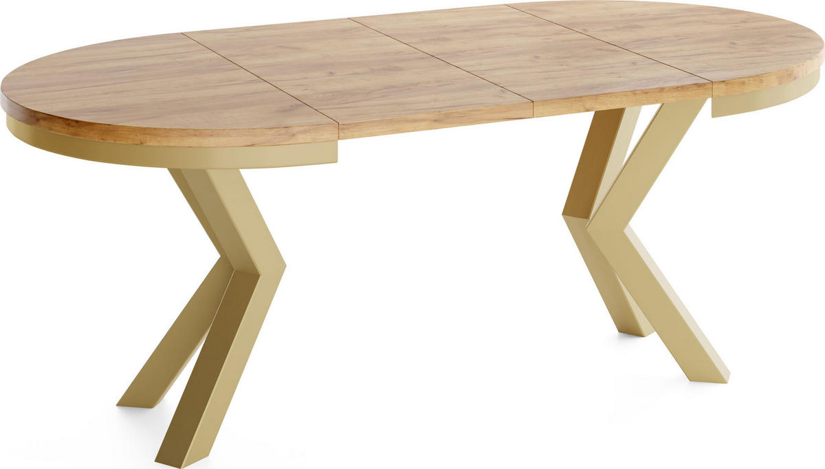ESSTISCH Clara Gold runder ausziehbarer, Craft Eiche 100-180/100/76 cm - Eiche Wotan/Goldfarben, Holzwerkstoff/Metall (100/100/76cm) - WFL GROUP