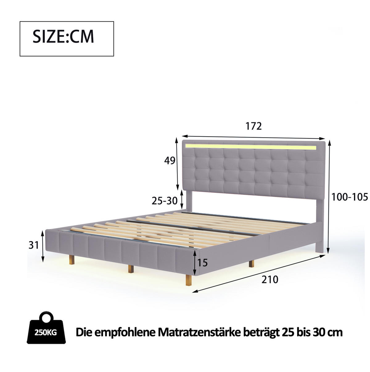 POLSTERBETT aus Leinenstoff 160x200 cm Grau mit LED-Beleuchtung, schwebender Optik und gepolstertem Kopfteil - Grau, Textil (160/200cm) - Modfu
