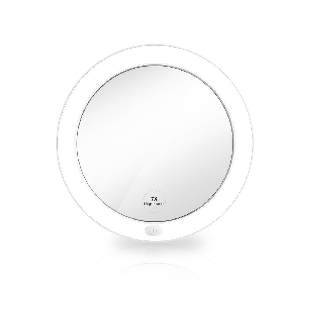 KOSMETIKSPIEGEL mit Licht mit Saugnapf, 7-fache Vergrößerung, Weiß, φ16,5 cm - Weiß, Glas (16.7/16.7/16.7cm) - EMKE
