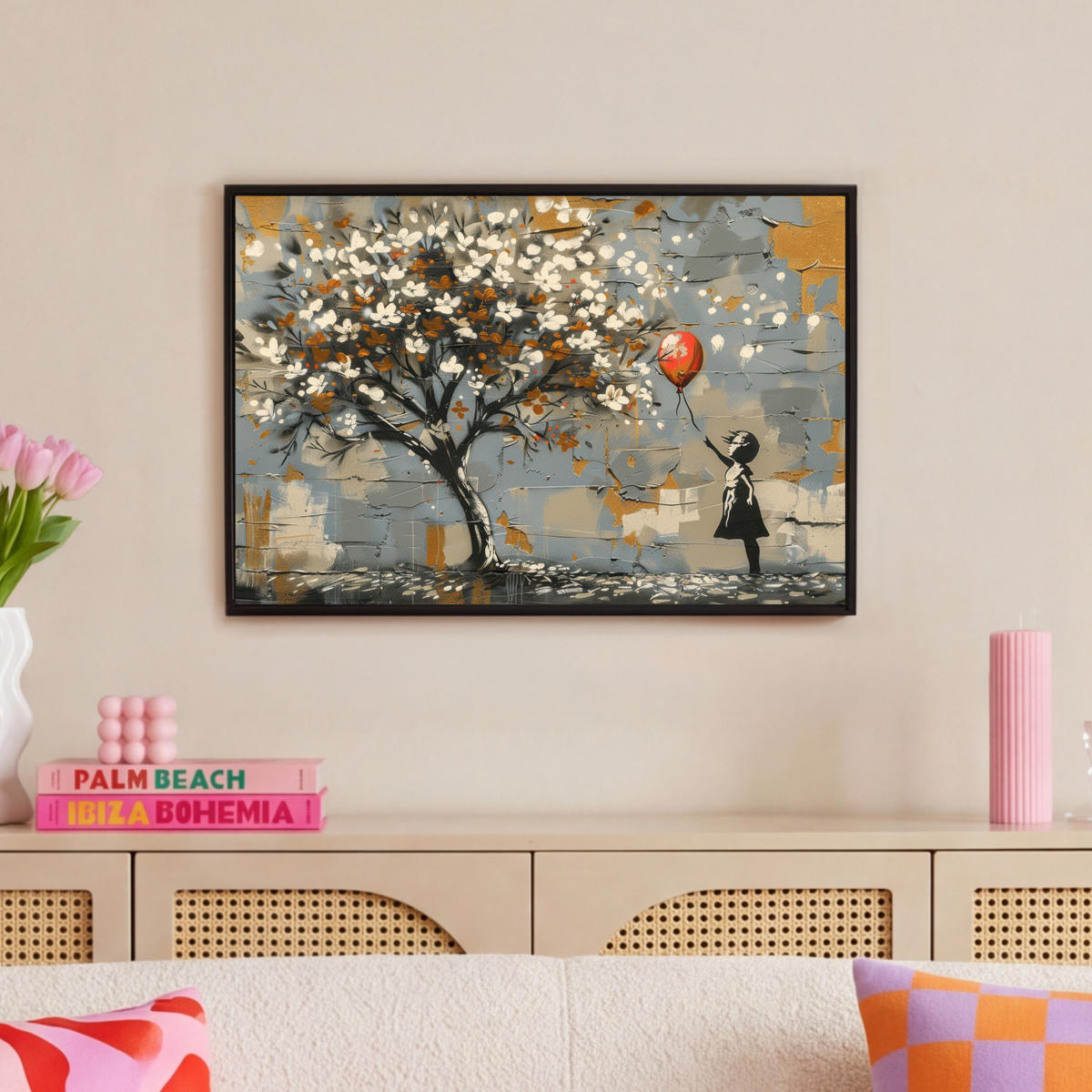 LEINWAND Bilder mit Rahmen - Baum - Graffiti - Banksy-Stil - Ballon-Mädchen - 60x40 - Blaugrau, Textil (60/40cm) - MuchoWow