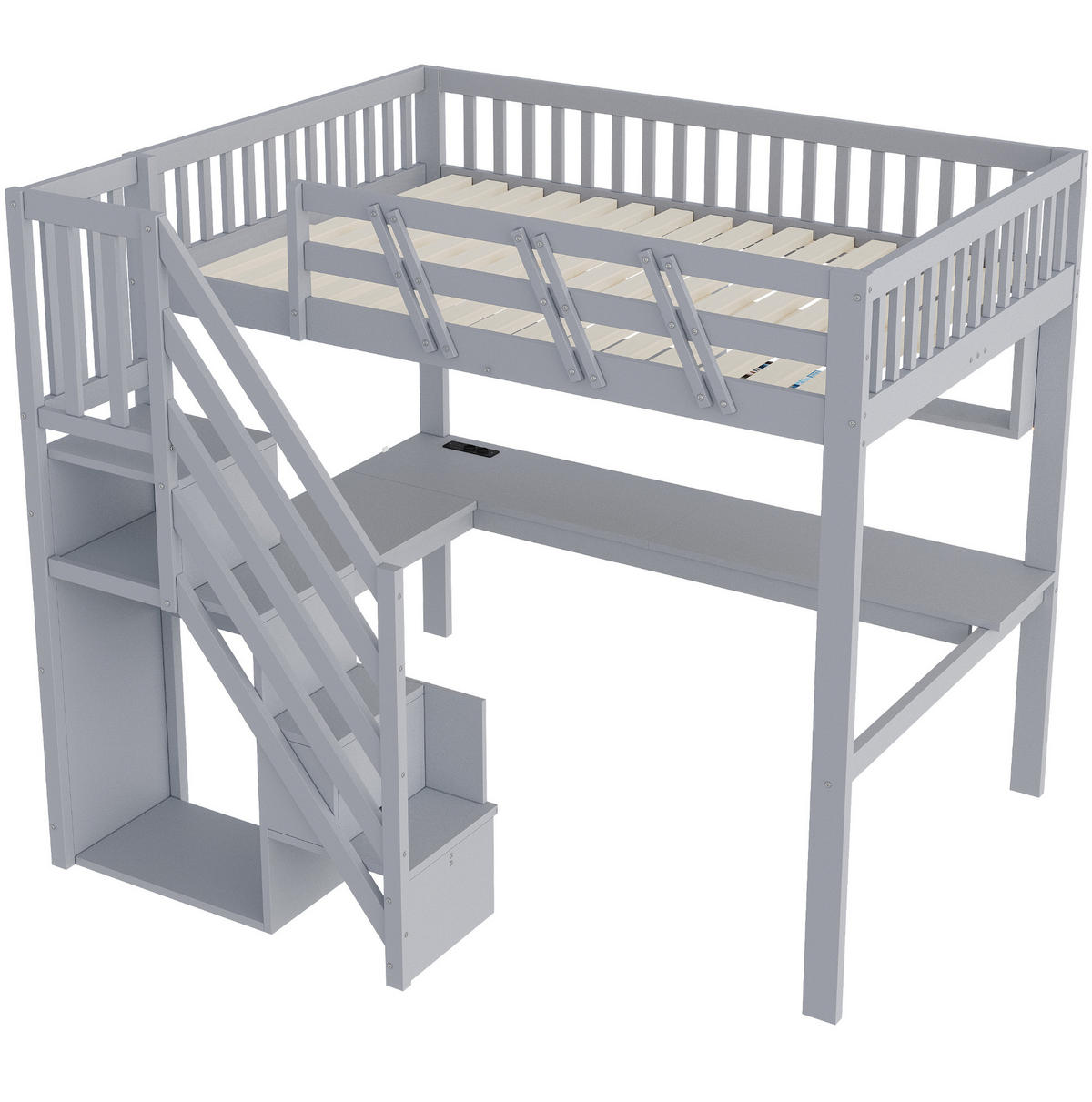 HOCHBETT Holz 140x200 cm Grau mit Schreibtisch, Aufbewahrungstreppe, LED und Steckdosen - Grau, Holz (140/200cm) - Modfu