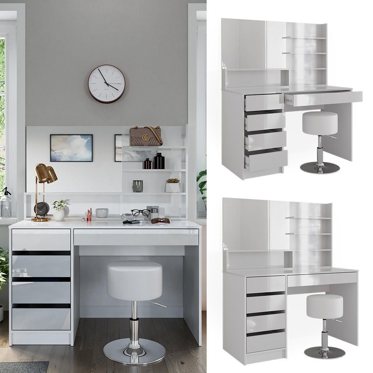 SCHMINKTISCH Sherry Weiß 145 cm mit Hocker - Weiß, Holzwerkstoff (55/75/145cm) - Vicco