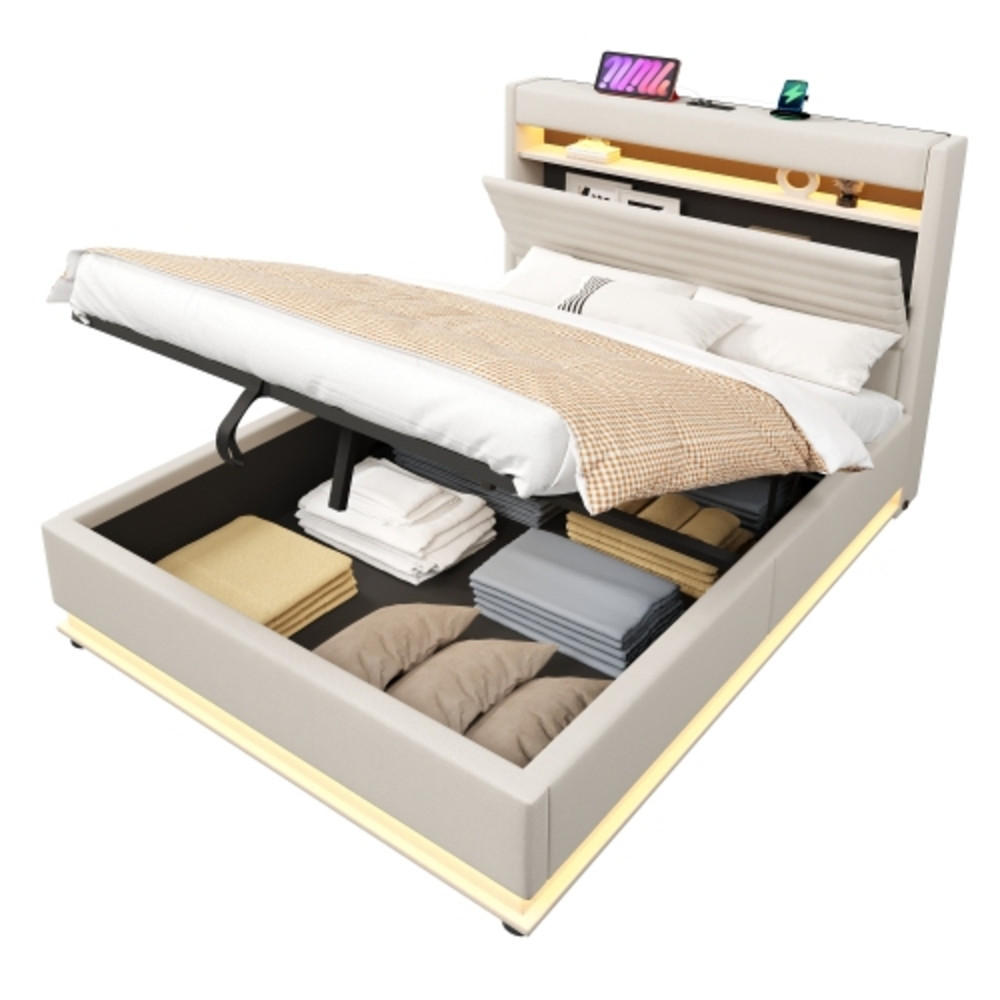 POLSTERBETT beige 218×142×113 cm aus Leinen-Stoff mit Hydraulikbettkasten, zweiseitigen LED-Leisten - Beige, Textil (140/200cm) - Luhomfu