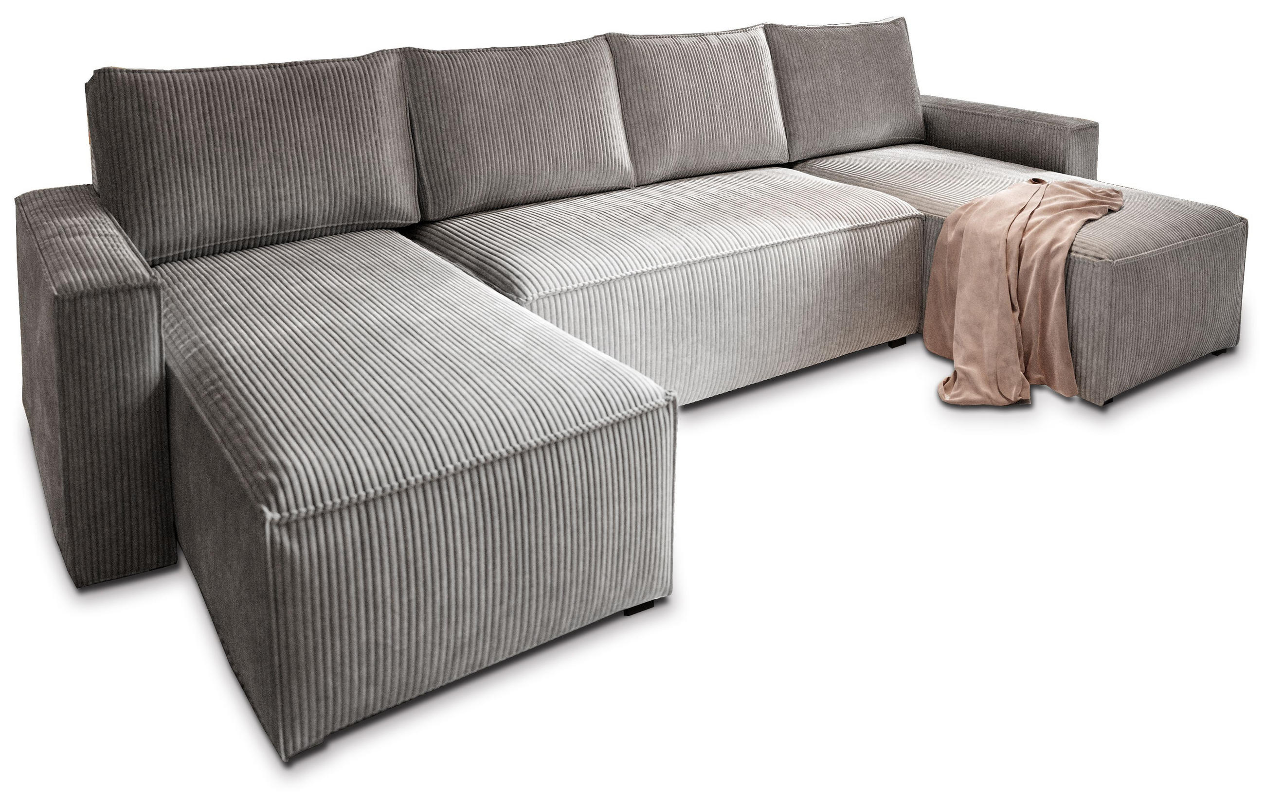 WOHNLANDSCHAFT ASPRA Hellgrau Kordstoff mit Schlaffunktion - Hellgrau, Holz (295/85/140cm) - MASSENO