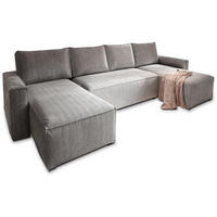 WOHNLANDSCHAFT ASPRA Hellgrau Kordstoff mit Schlaffunktion - Hellgrau, Holz (295/85/140cm) - MASSENO