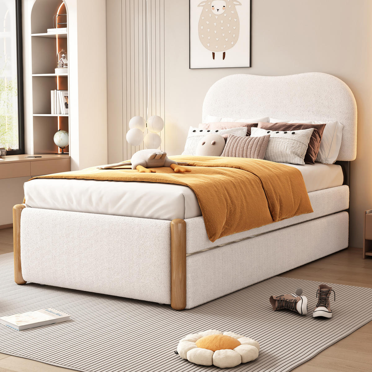 POLSTERBETT 90/200 cm weiß gepolstert mit ausziehbarem Rollbett - Weiß, Textil (90/200cm) - OKWISH