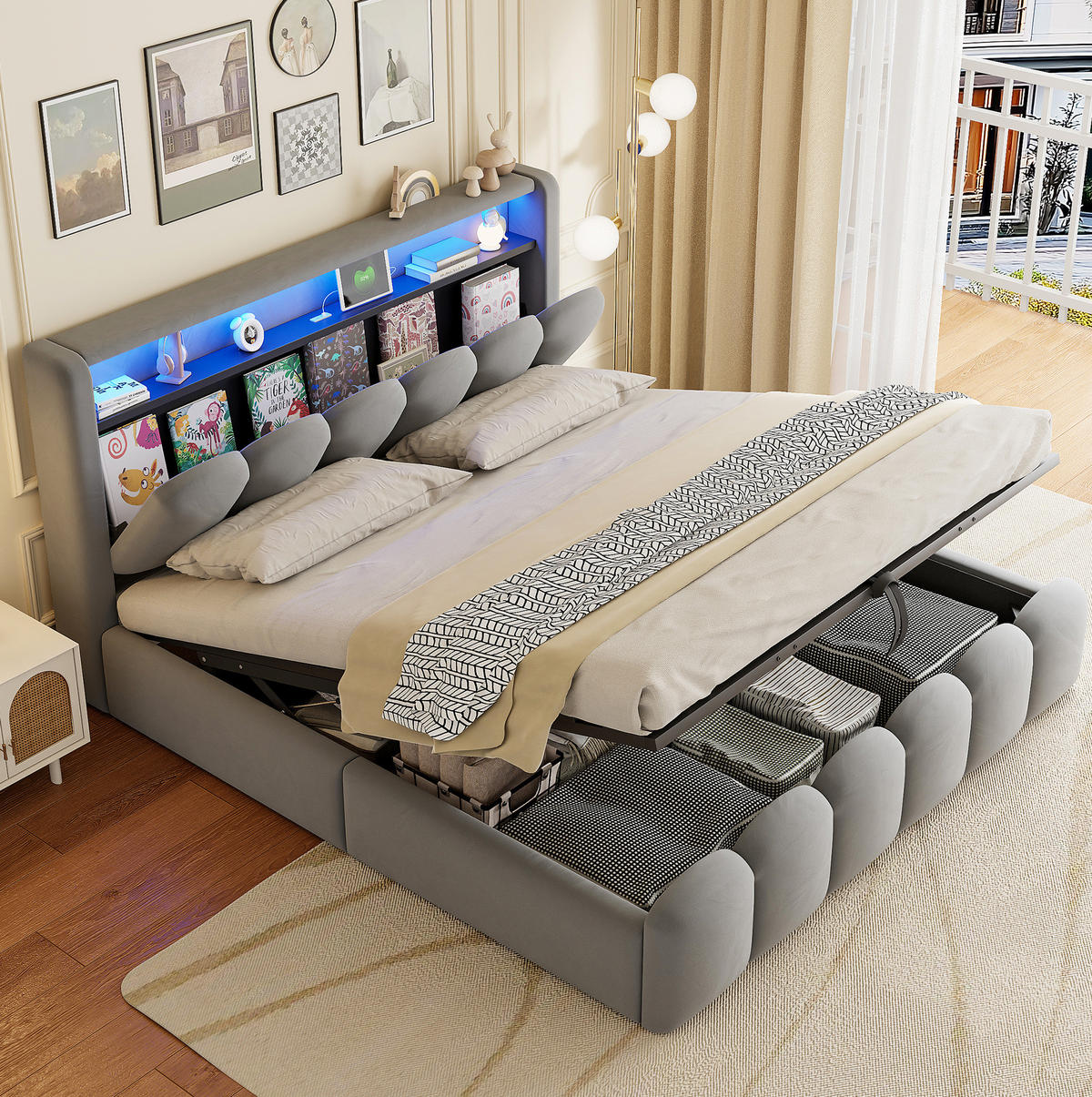 POLSTERBETT 180/200 cm grau aus Samt mit Stauraum, LED und USB - Grau, Textil (180/200cm) - OKWISH