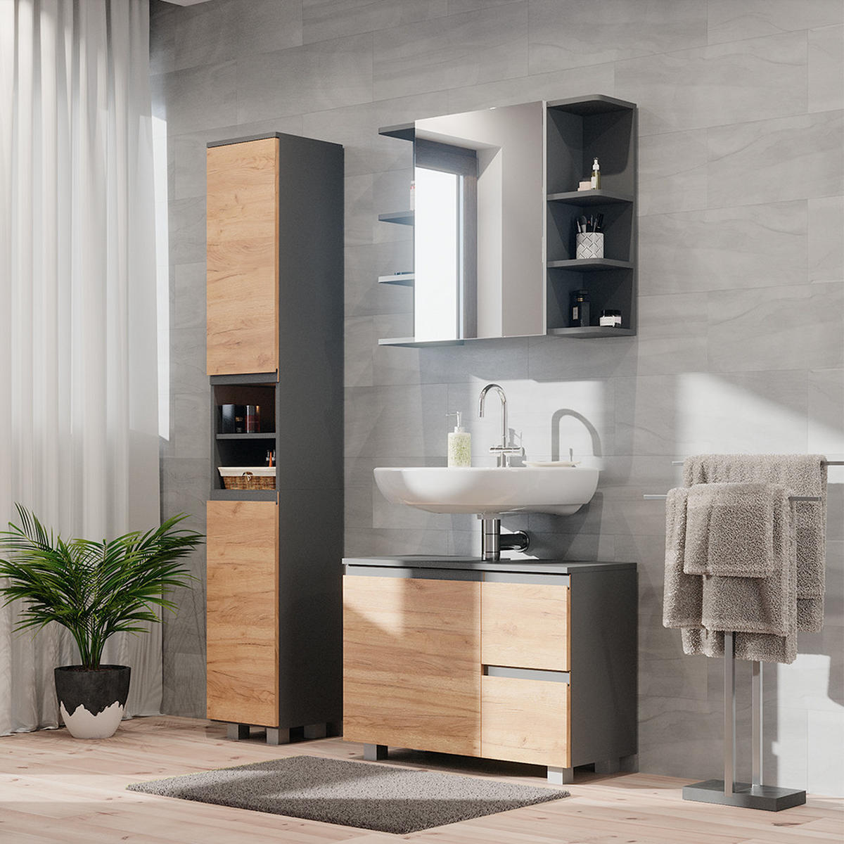 BADSCHRANK J-Shape Grau 30 x 190 cm - Eichefarben/Grau, Holzwerkstoff (30/190/30cm) - Vicco