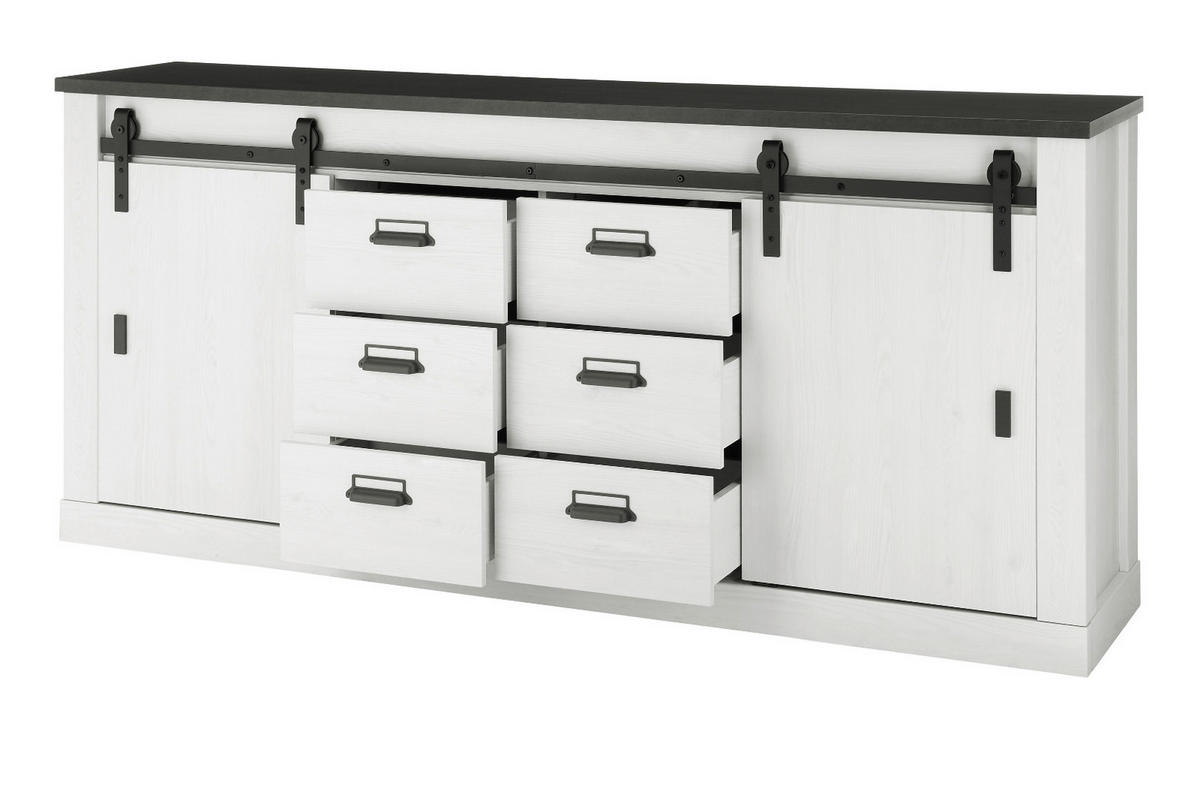 SIDEBOARD weiß Pinie, anthrazit Landhaus, Kommode 201 cm - Anthrazit/Weiß, Holzwerkstoff/Metall (201/91/43cm) - Furn.Design