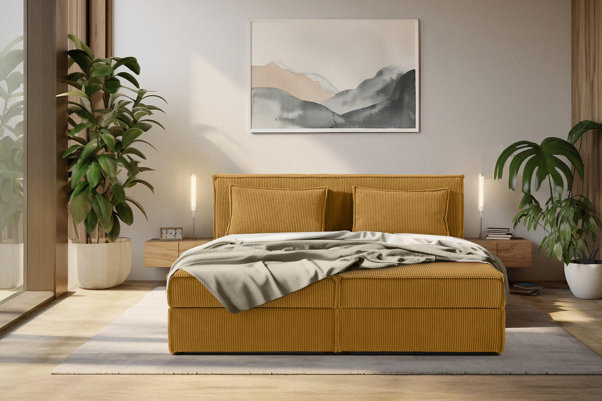 BOXSPRINGBETT ROTI mit Stauraum, gelb - Gelb/Schwarz, Holz/Holzwerkstoff (180/200cm) - KONSIMO®