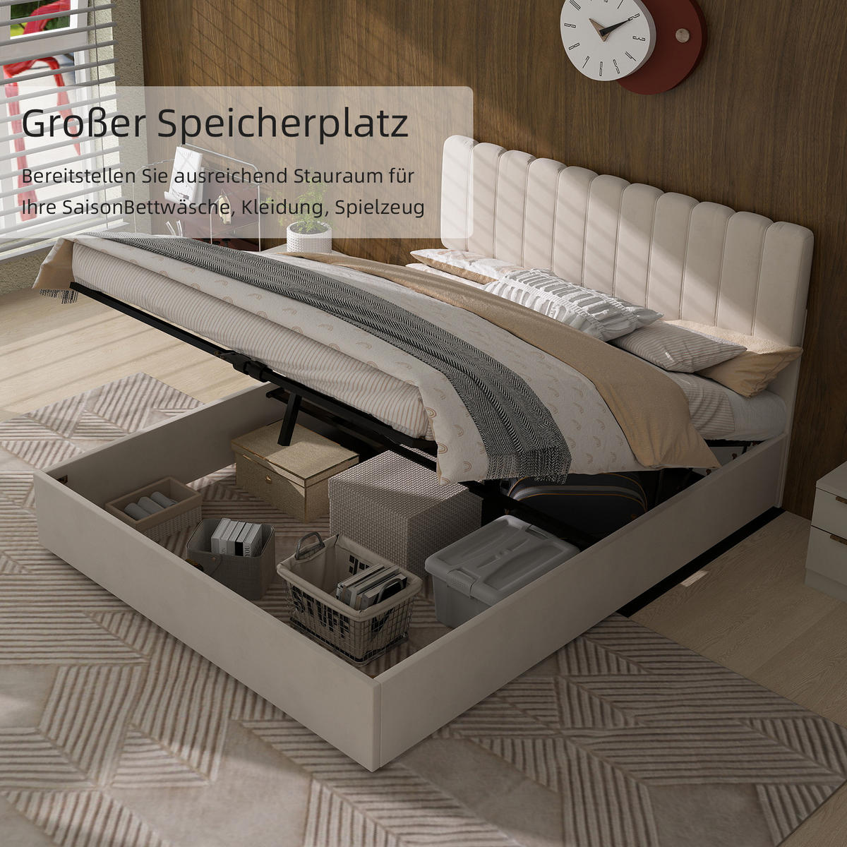 POLSTERBETT 140/200 cm in Beige Samt - Beige, Holzwerkstoff/Textil (140/200cm) - WISHDOR