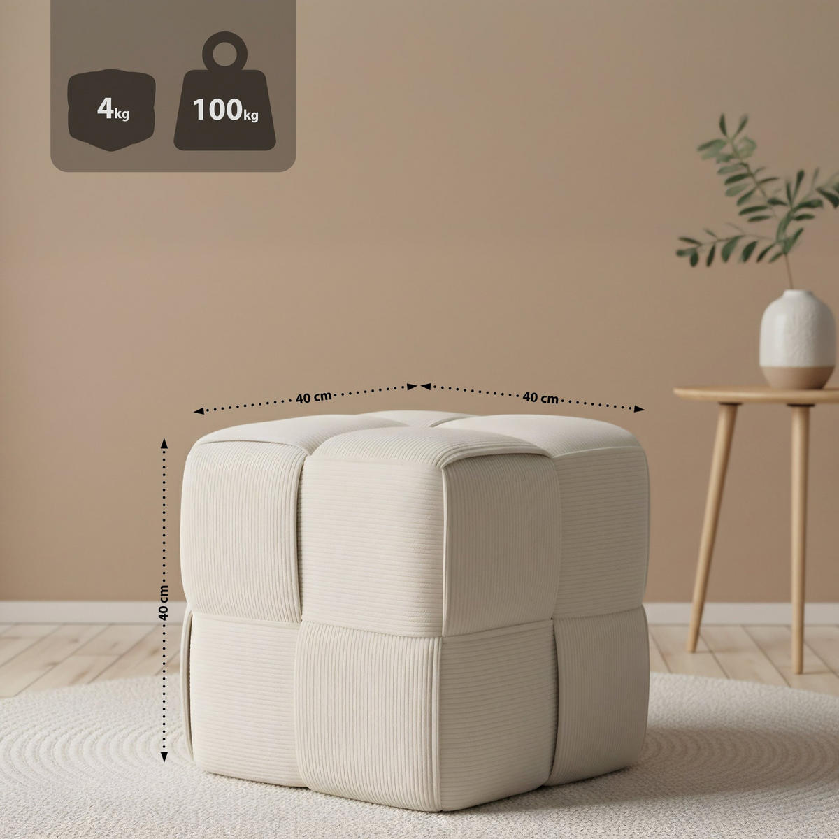 SITZWÜRFEL eckig 40/40/40 cm Cord Creme - Creme, Kunststoff/Textil (40/40/40cm) - CLP