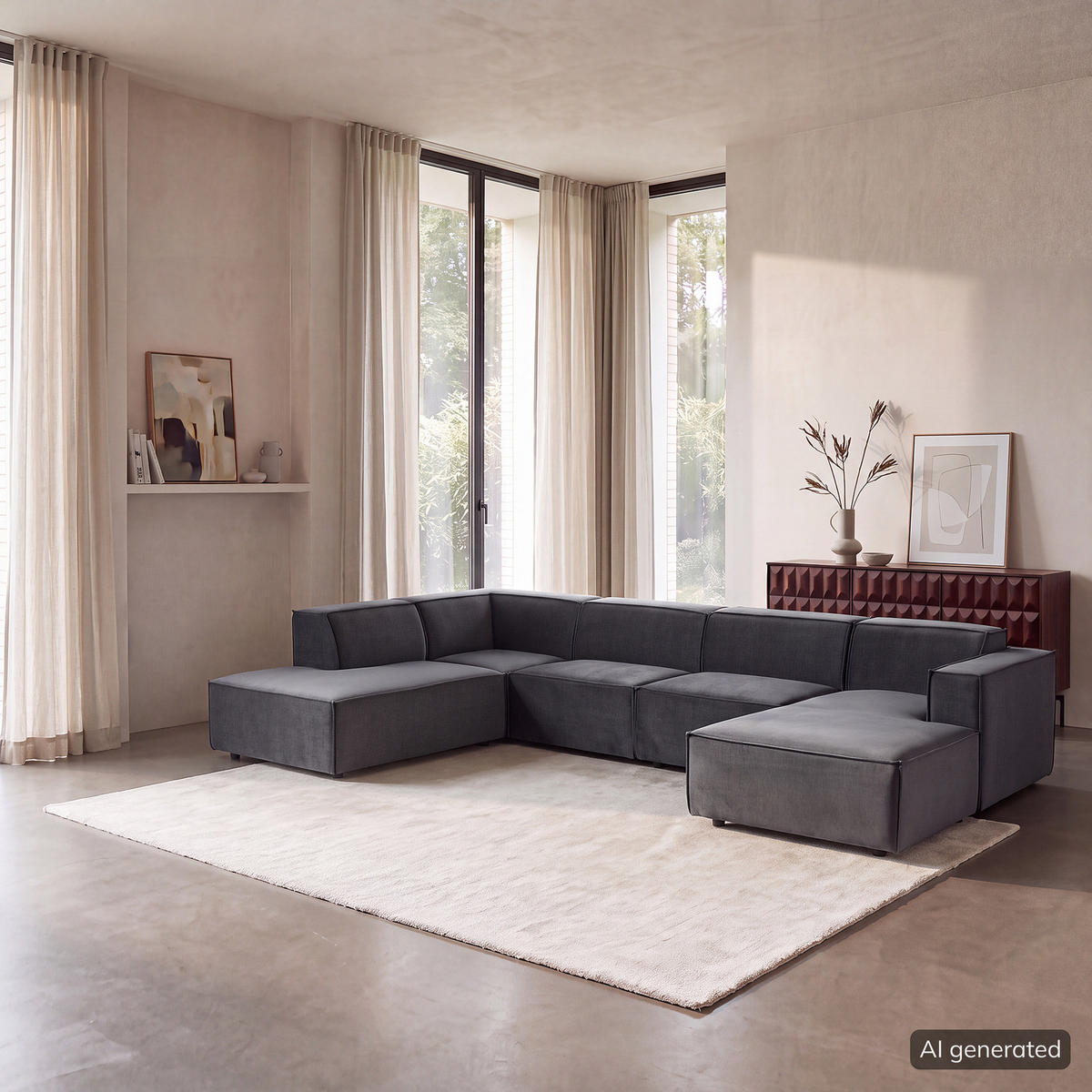 WOHNLANDSCHAFT mit Longchair & Ottomane - Schwarz/Grau, Kunststoff/Textil (369/70/234cm) - home24
