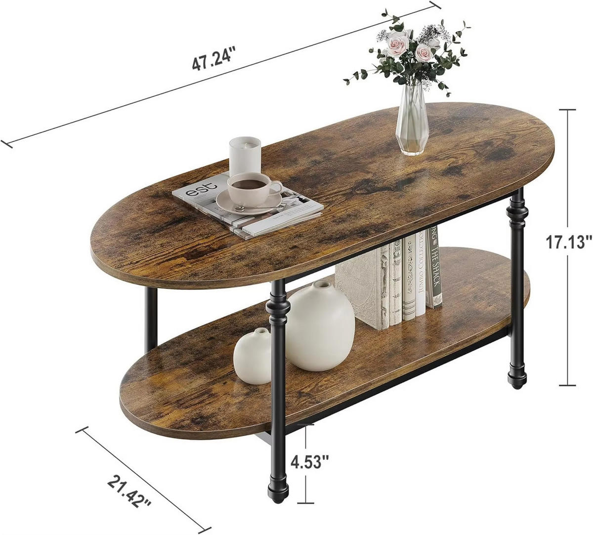 COUCHTISCH oval niedrig 2 Ebenen Mid Century Retro Design - Braun, Holz (119/54/43cm) - Kaket