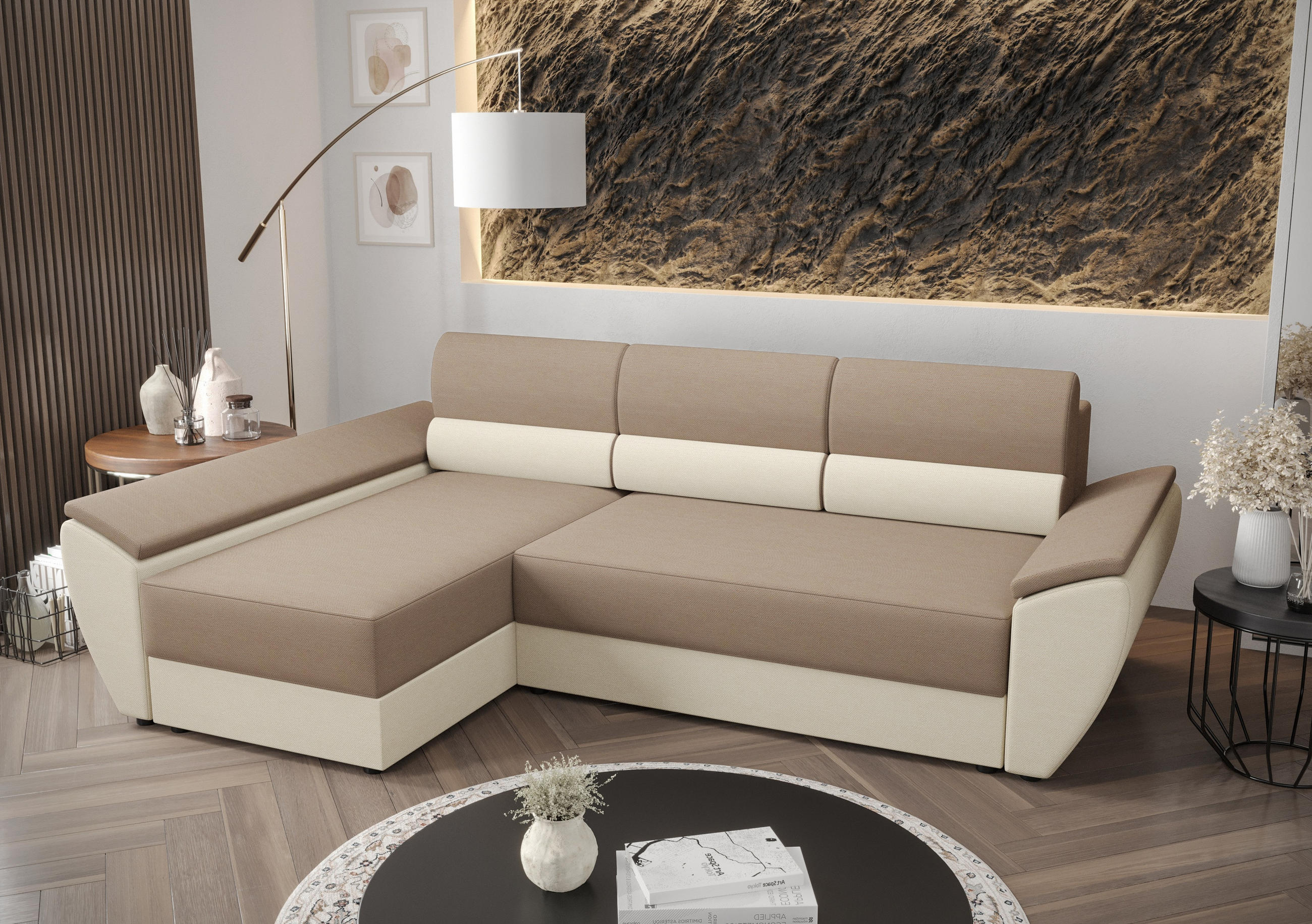 ECKSOFA L REBI L3 Rainbow 05/16 Links mit Schlaffunktion, Beige/Creme - Beige/Creme, Textil (251/140cm)