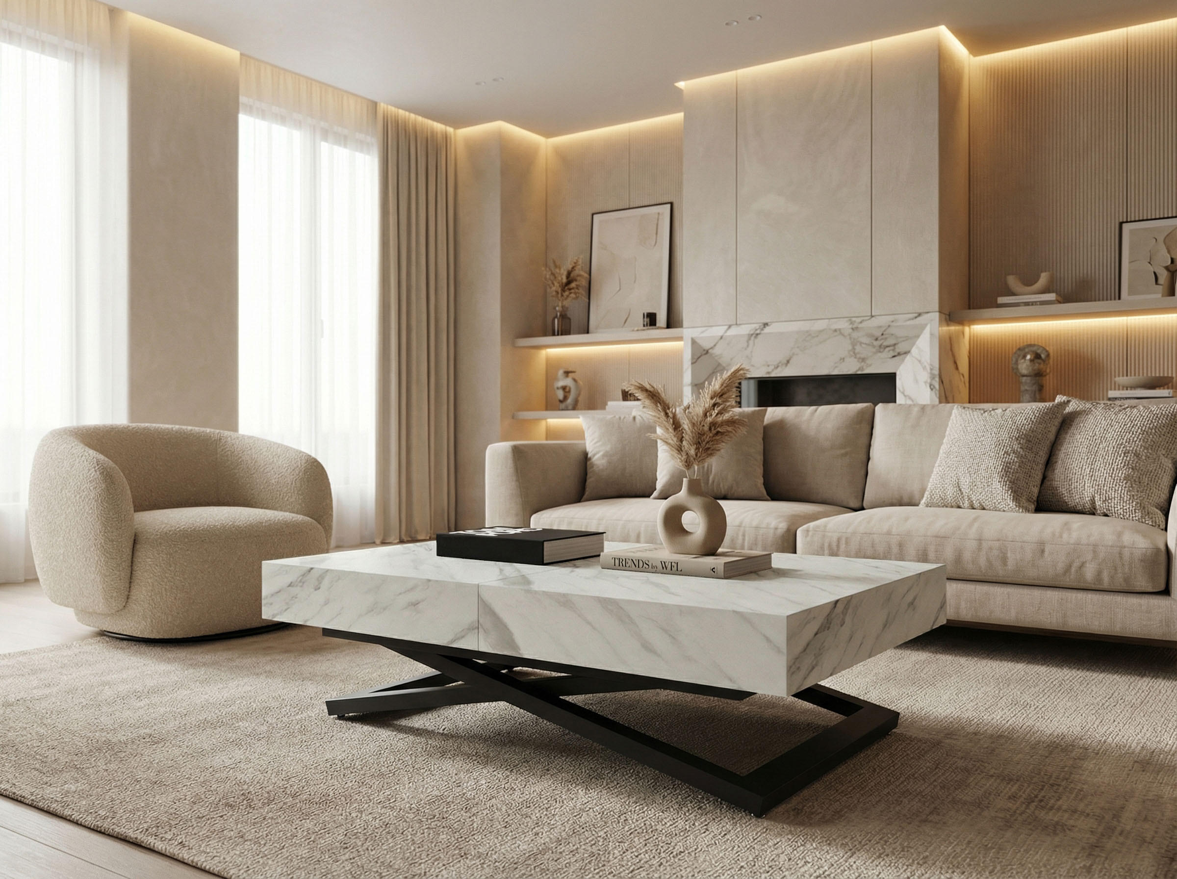 COUCHTISCH Cavetta U höhenverstellbar ausziehbar, Marmor Weiß 120-200/80/27-76 cm - Ecru/Schwarz, Holzwerkstoff/Metall (80/120/76cm) - WFL GROUP