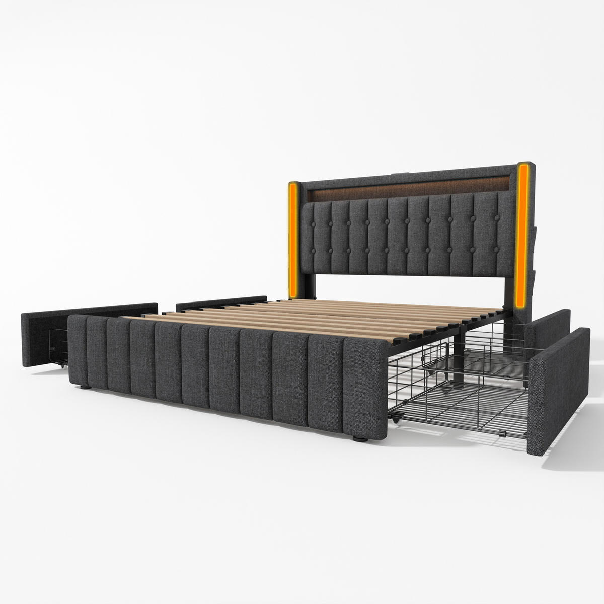 POLSTERBETT mit LED, USB und 4 Schubladen 160x200 cm Leinen Grau - Grau, Metall (160/200cm) - Meubliv