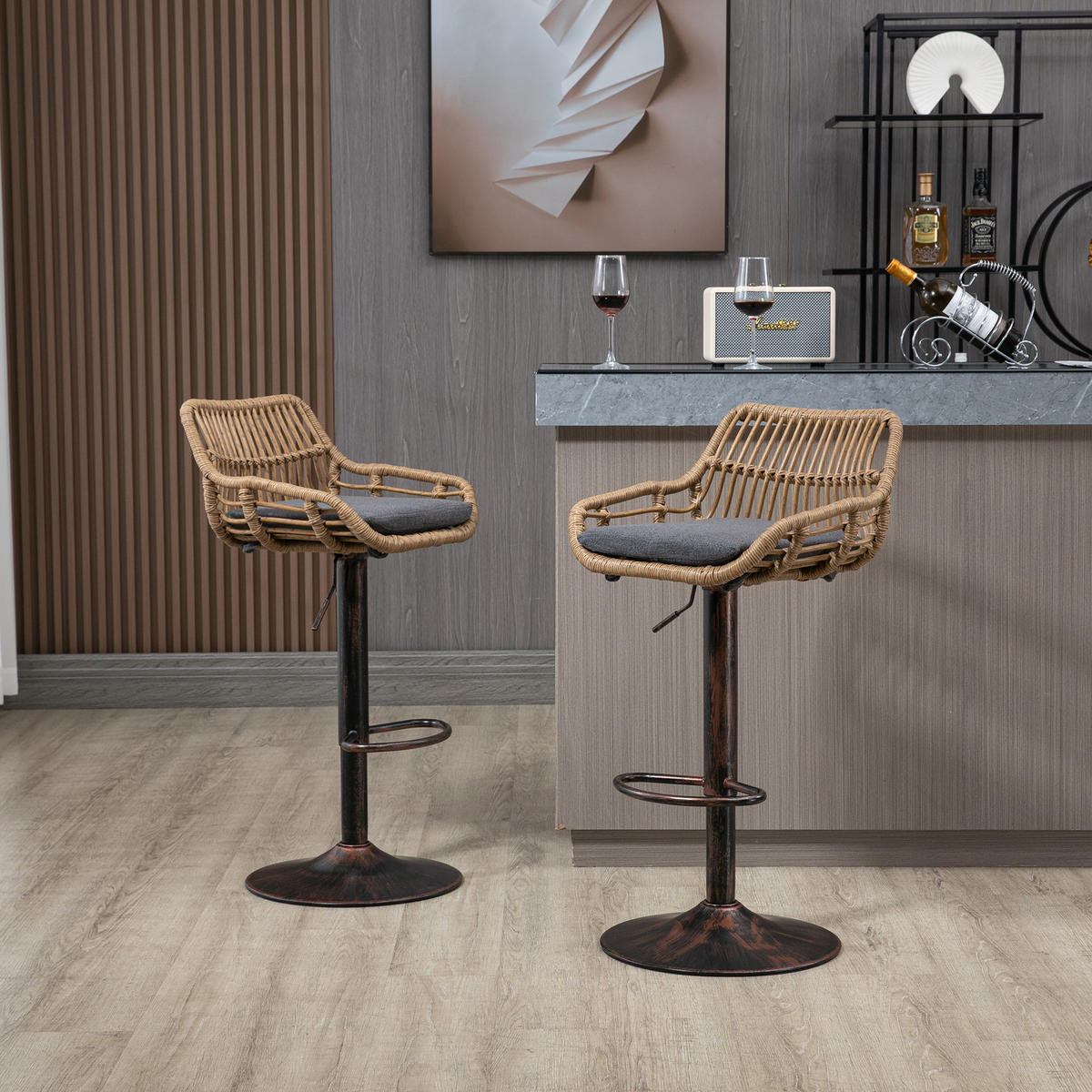 BARHOCKER 2er-Set drehbar mit Rattan und Höhenverstellung, Grau - Grau, Textil (49/89/48cm)