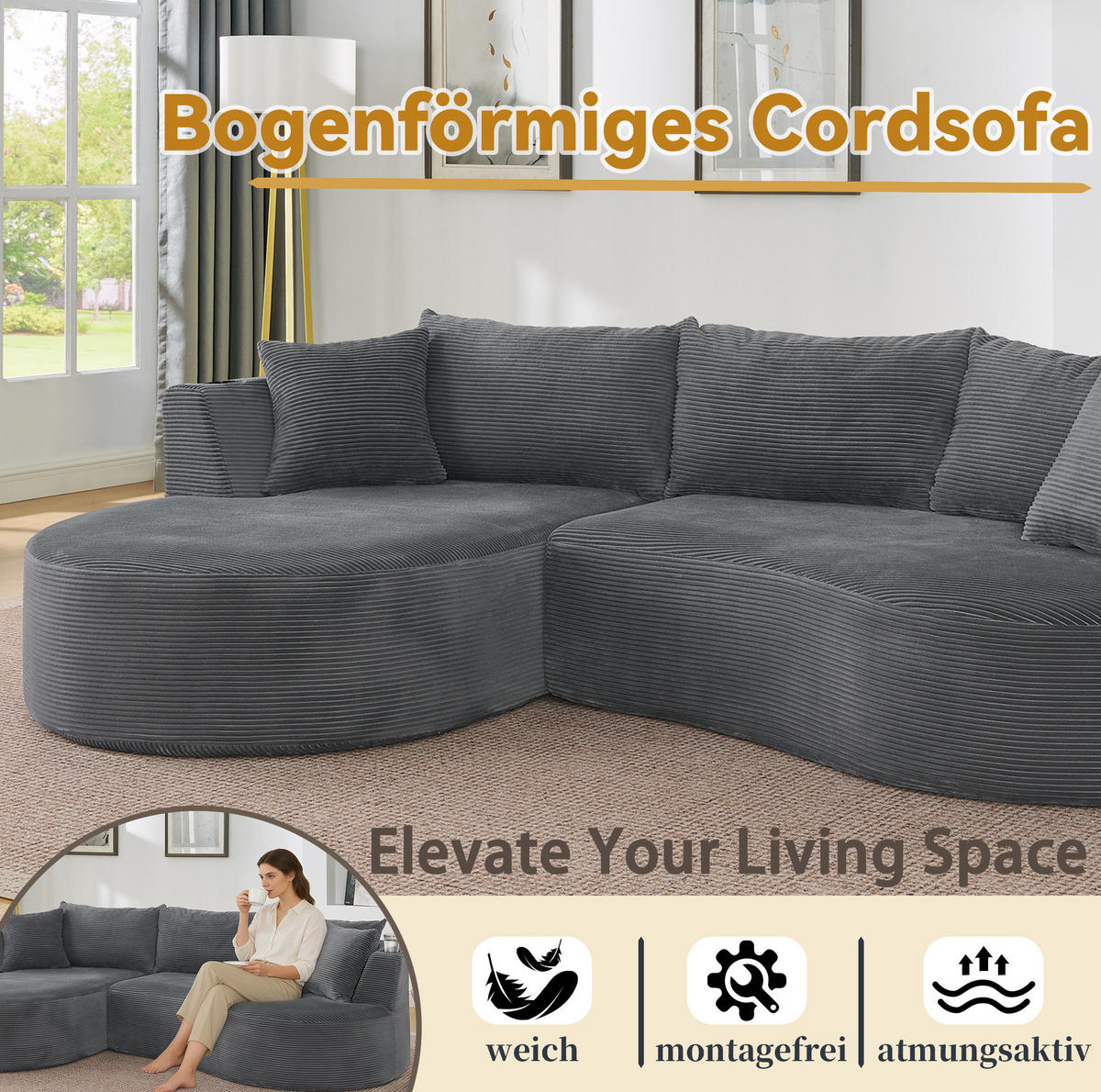 3-SITZER-SOFA mit Getränkehaltern, Kissen und bogenförmigem Design aus weichem Kordstoff, Grau - Grau, Kunststoff (264/76/168cm) - Redom