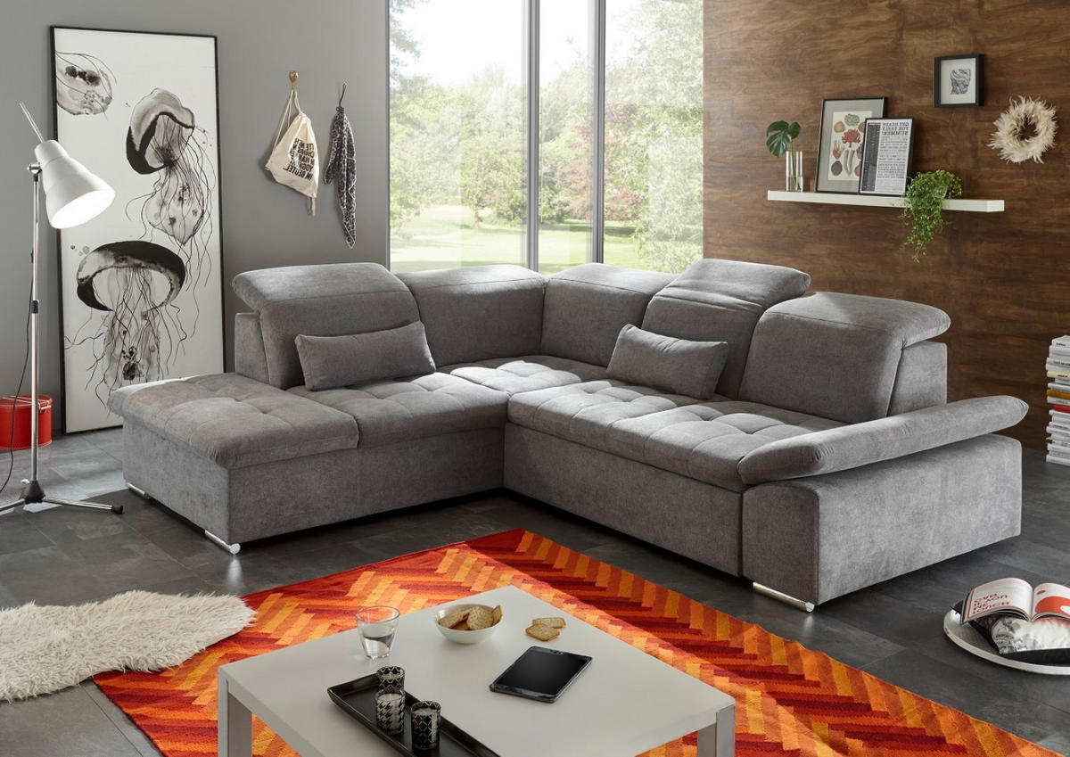 ECKSOFA mit Schlaffunktion mit Bettkasten und verstellbaren Kopf- und Rückenlehnen - Chromfarben/Dunkelgrau, Textil (276/240cm) - ed exciting design