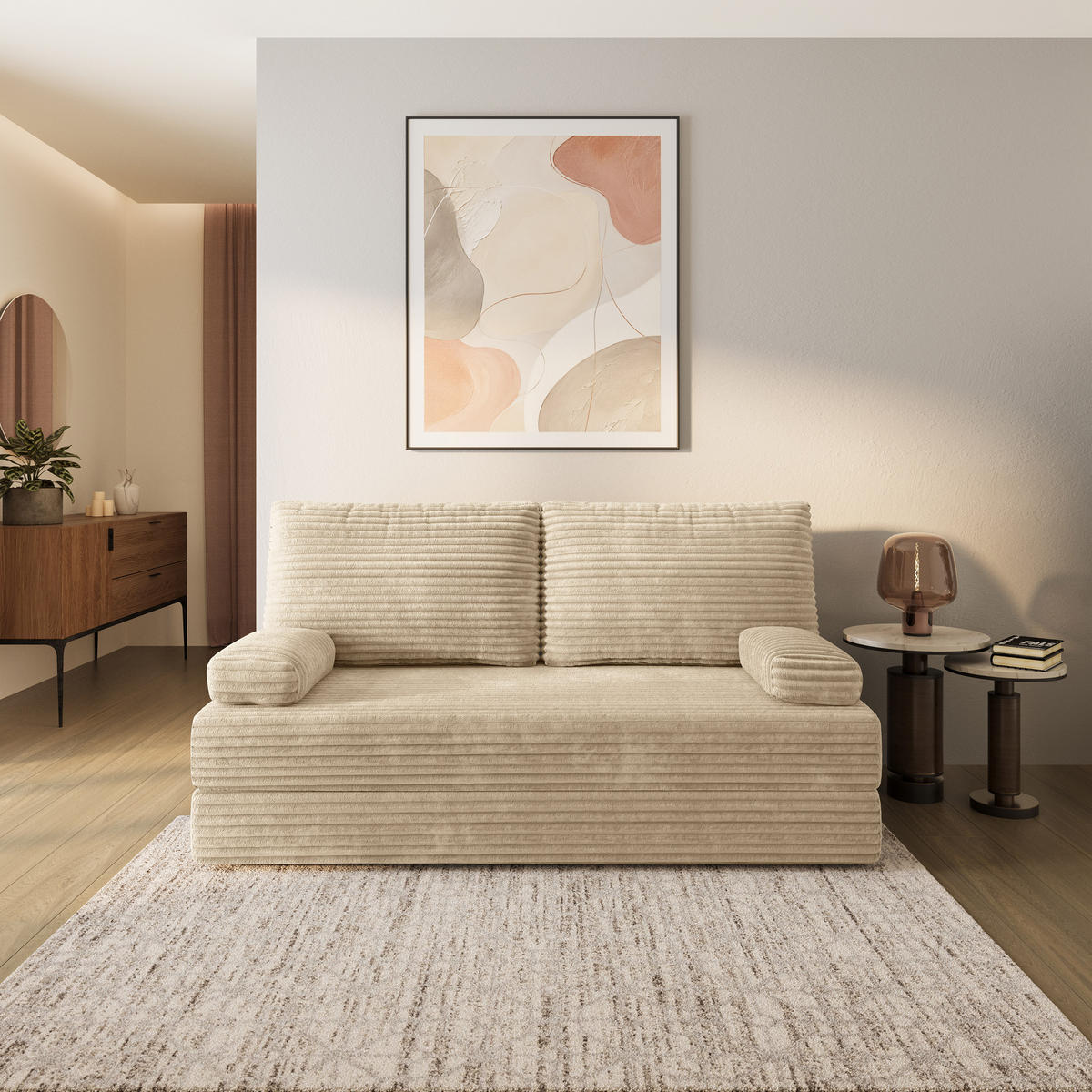 BETTSOFA SILAR aus Schaumstoff Cordstoff Creme Schlaffunktion - Creme, Textil (170/86/80cm) - MASSENO