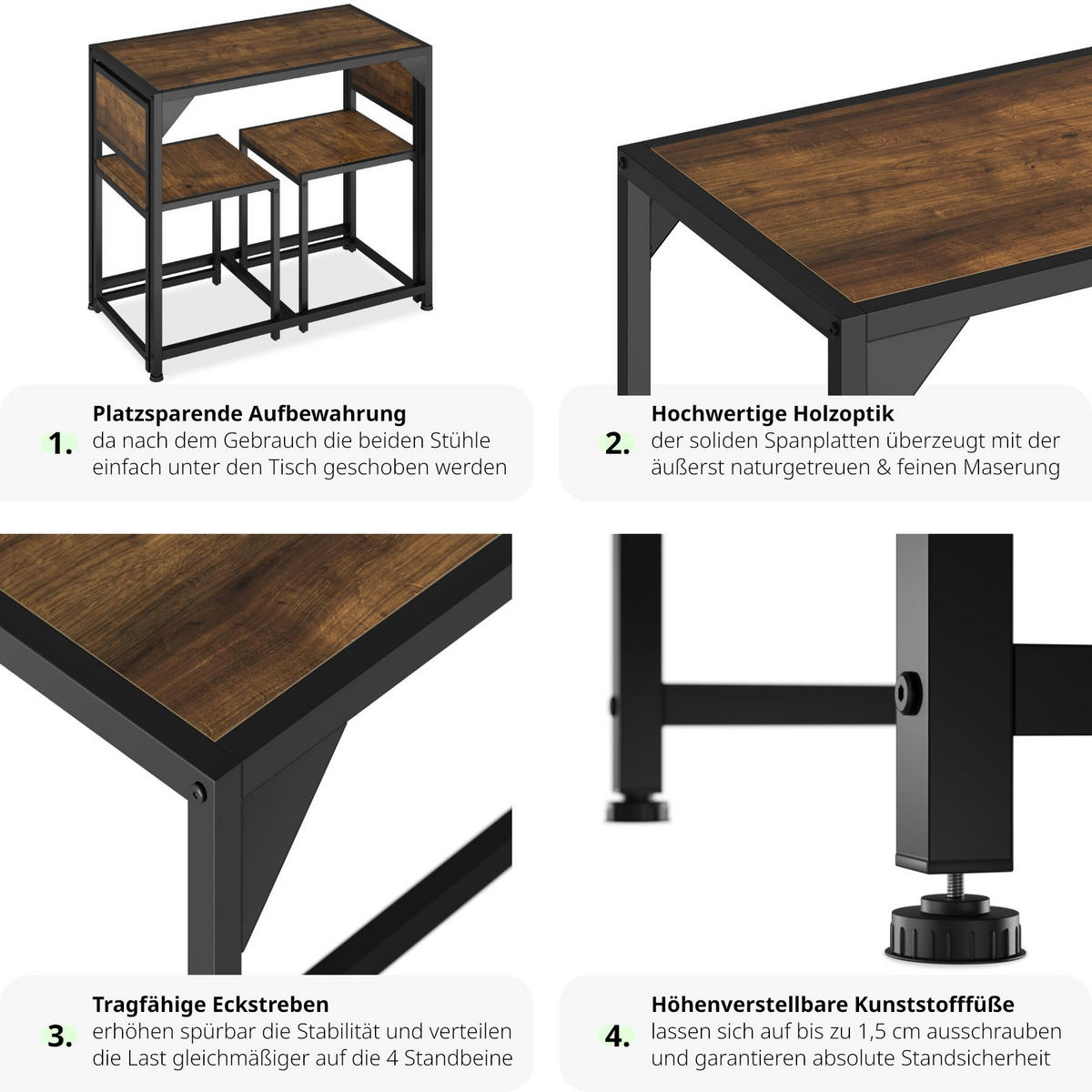 SITZGRUPPE Milton,mit höhenverstellbaren Kunststofffüßen,Industrial Holz dunkel, rustikal - Rostfarben, Holzwerkstoff (48/77/91cm) - tectake