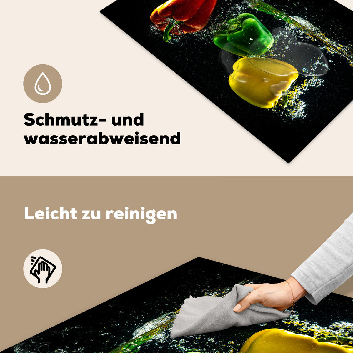HERDABDECKPLATTE Paprika - Gemüse - Wasser - Schwarz - Rot - Grün - Gelb Ceranfeldabdeckung 80x52 cm - Multicolor, Kunststoff (80/52/0.2cm) - MuchoWow