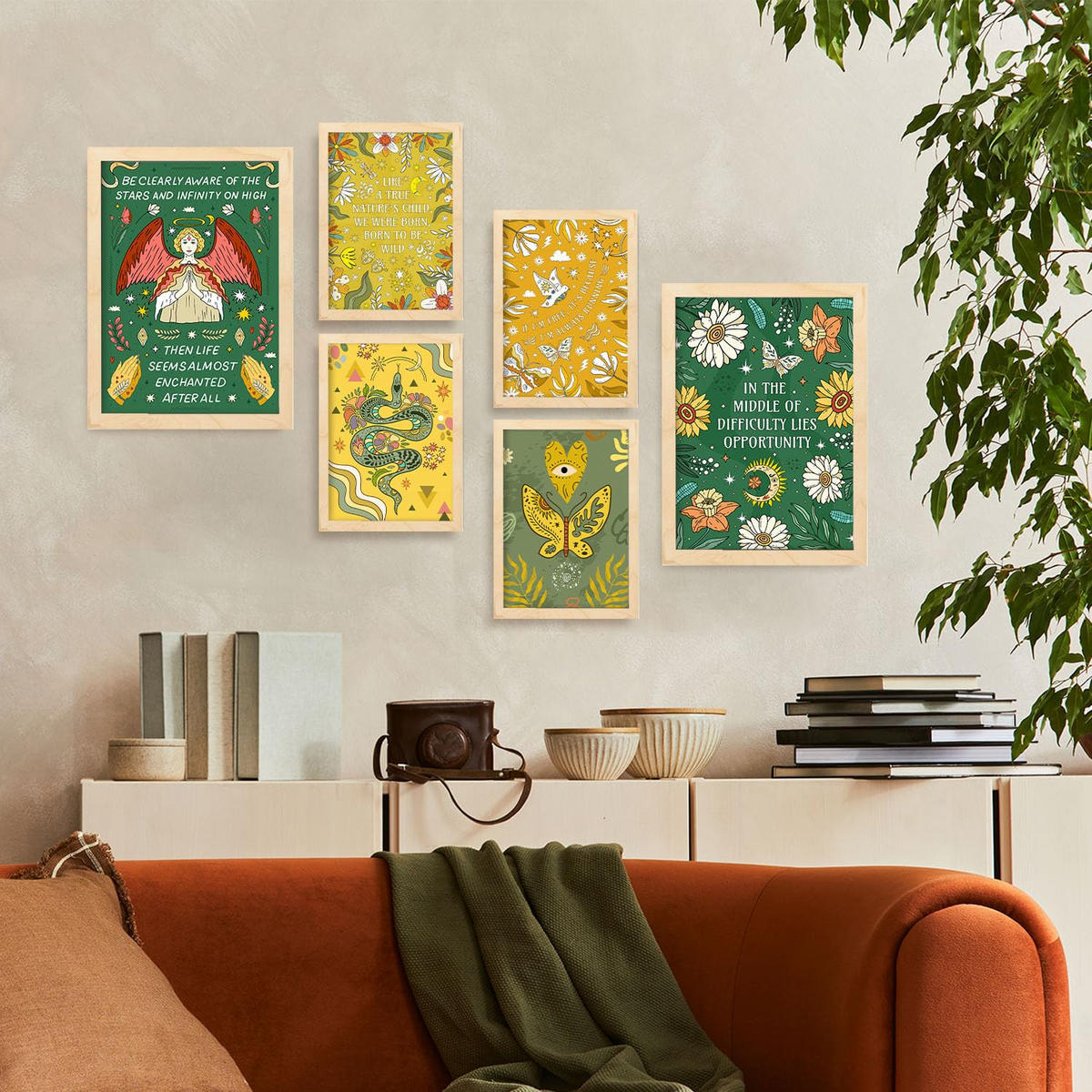 POSTER Set Mit 6 Drucken Von I'M Free In Brilliant Groovy Style Collection Dekorative Rahmen Für Zuhause Wandkunstdruck A3 & A4 Rahmen Aus Hellem Holz - Beige, Papier (29/3cm) - Nacnic