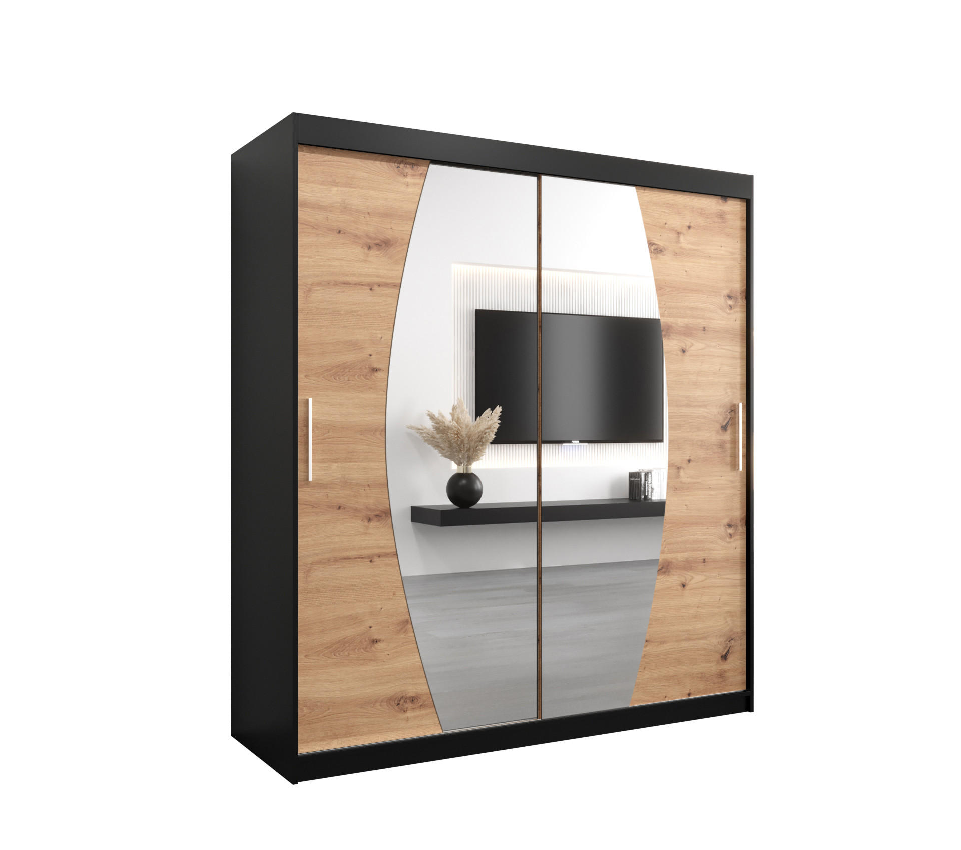 Abiks Möbel Schwebetürenschrank Schwarz, Eiche Artisan 180x200x62 cm