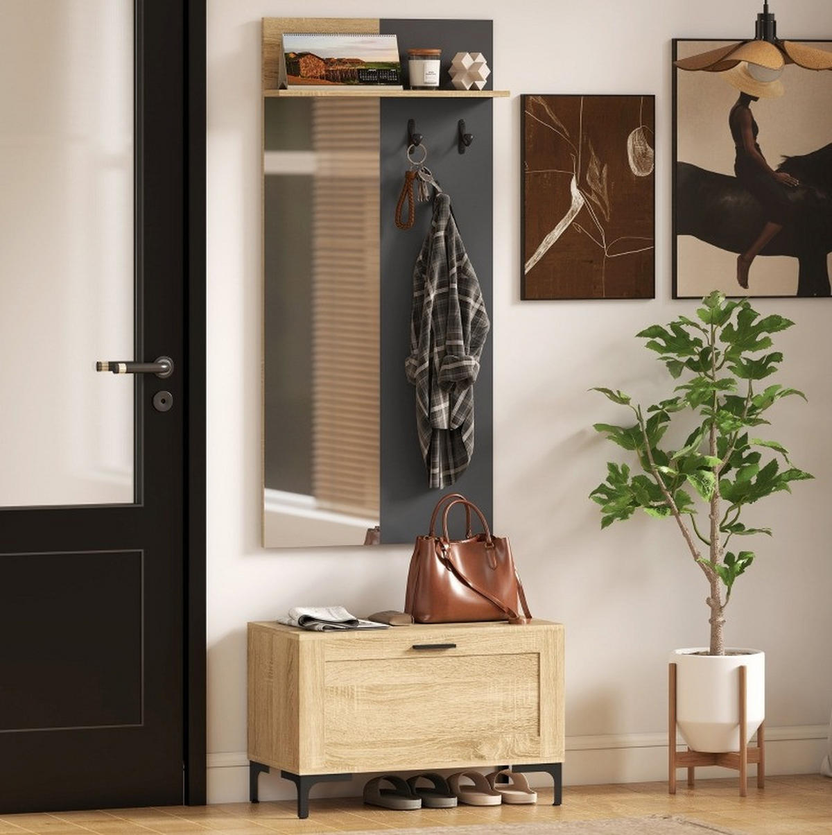 GARDEROBENSET 68/35/43 cm mit Spiegel, Schuhbank und 3 Haken, Naturholz/Grau - Naturfarben, Holzwerkstoff (60/127.5/13.5cm) - Redom