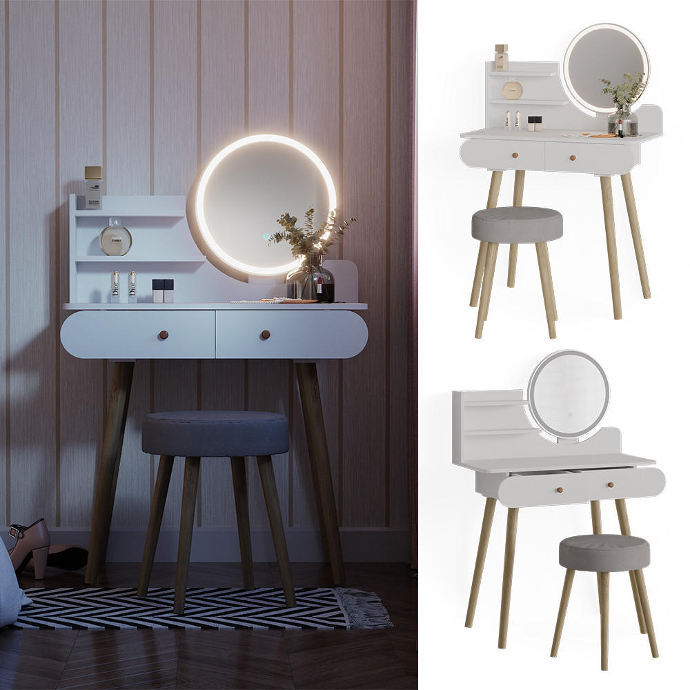 SCHMINKTISCH Edda Weiß 80 cm mit LED Beleuchtung und Hocker - Weiß, Holzwerkstoff (80/121/40cm) - Vicco