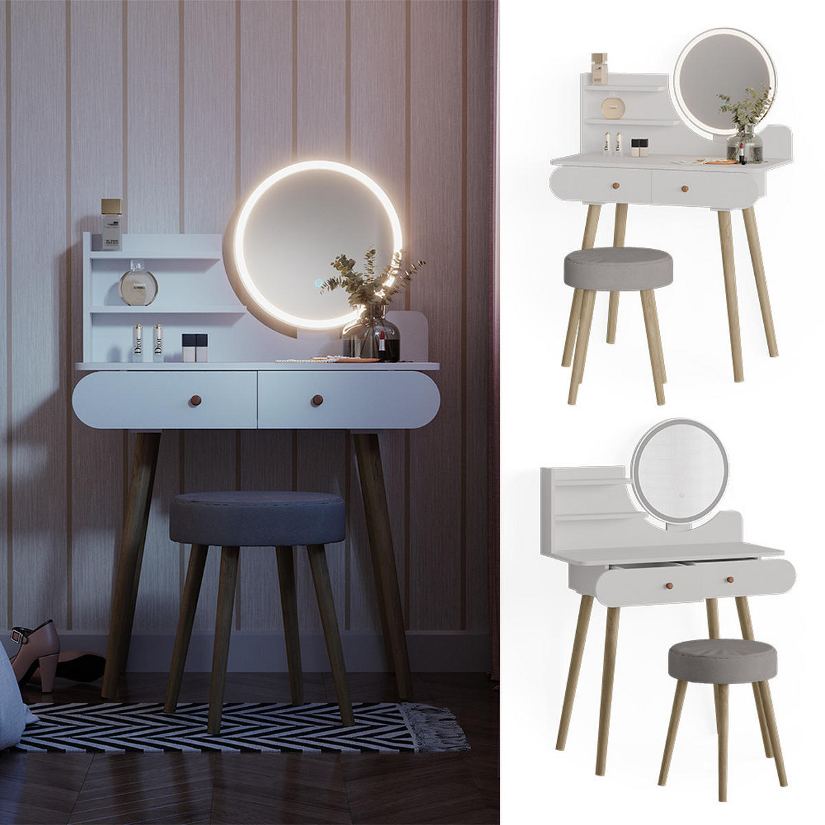 SCHMINKTISCH Edda Weiß 80 cm mit LED Beleuchtung und Hocker - Weiß, Holzwerkstoff (80/121/40cm) - Vicco