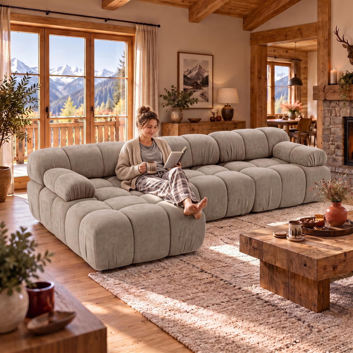 MODULARES Ecksofa MOMENTUM L, Links, Breite 282 cm, strukturierter Stoff, Beige - Chromfarben/Beige, Holz/Textil (282/155cm) - Muffo