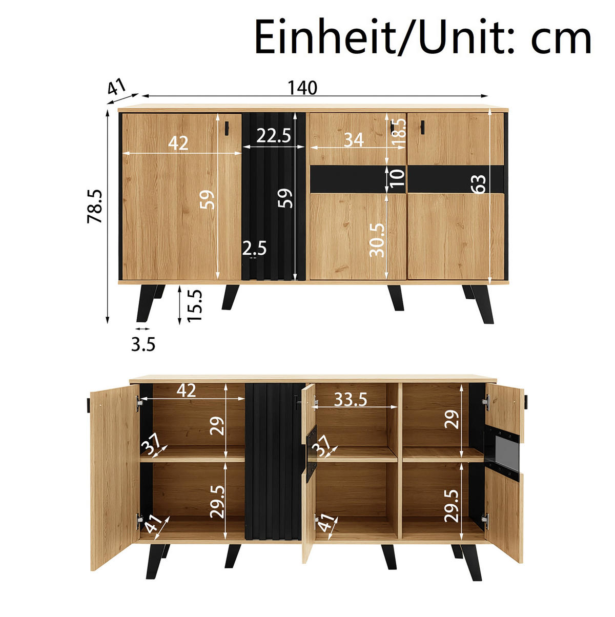 SIDEBOARD mit 3 Türen 140 x 78,5 x 41 cm Holzoptik Schwarz - Braun, Glas (140/78.5/41cm) - Meubliv