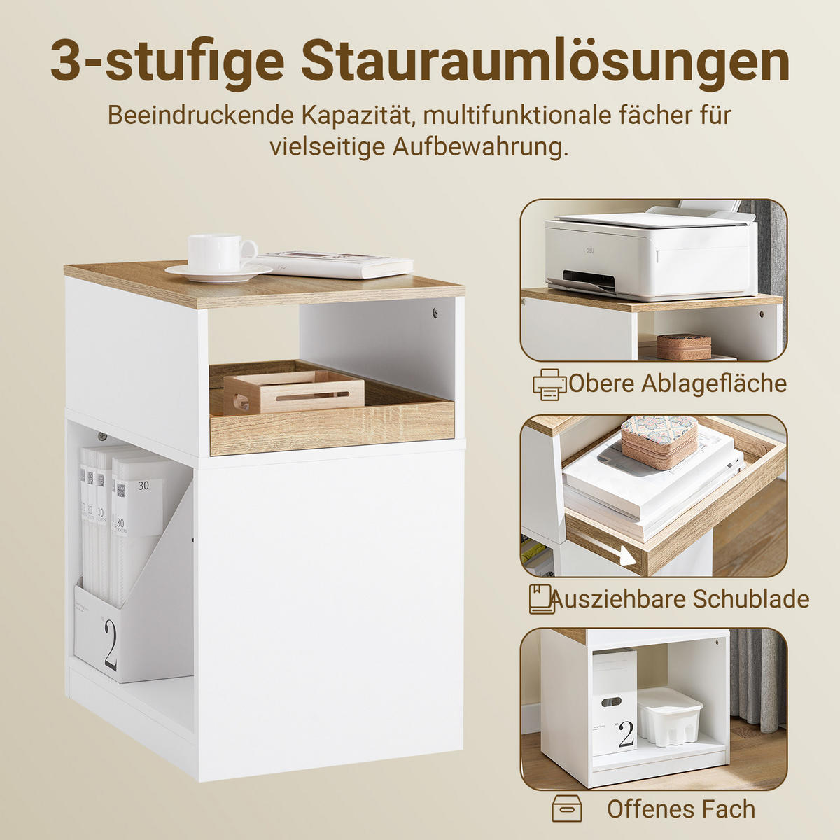 ROLLCONTAINER Druckertisch, Weiß-Natur 40x65x50cm - Weiß, Holzwerkstoff (40/65/50cm) - SoBuy