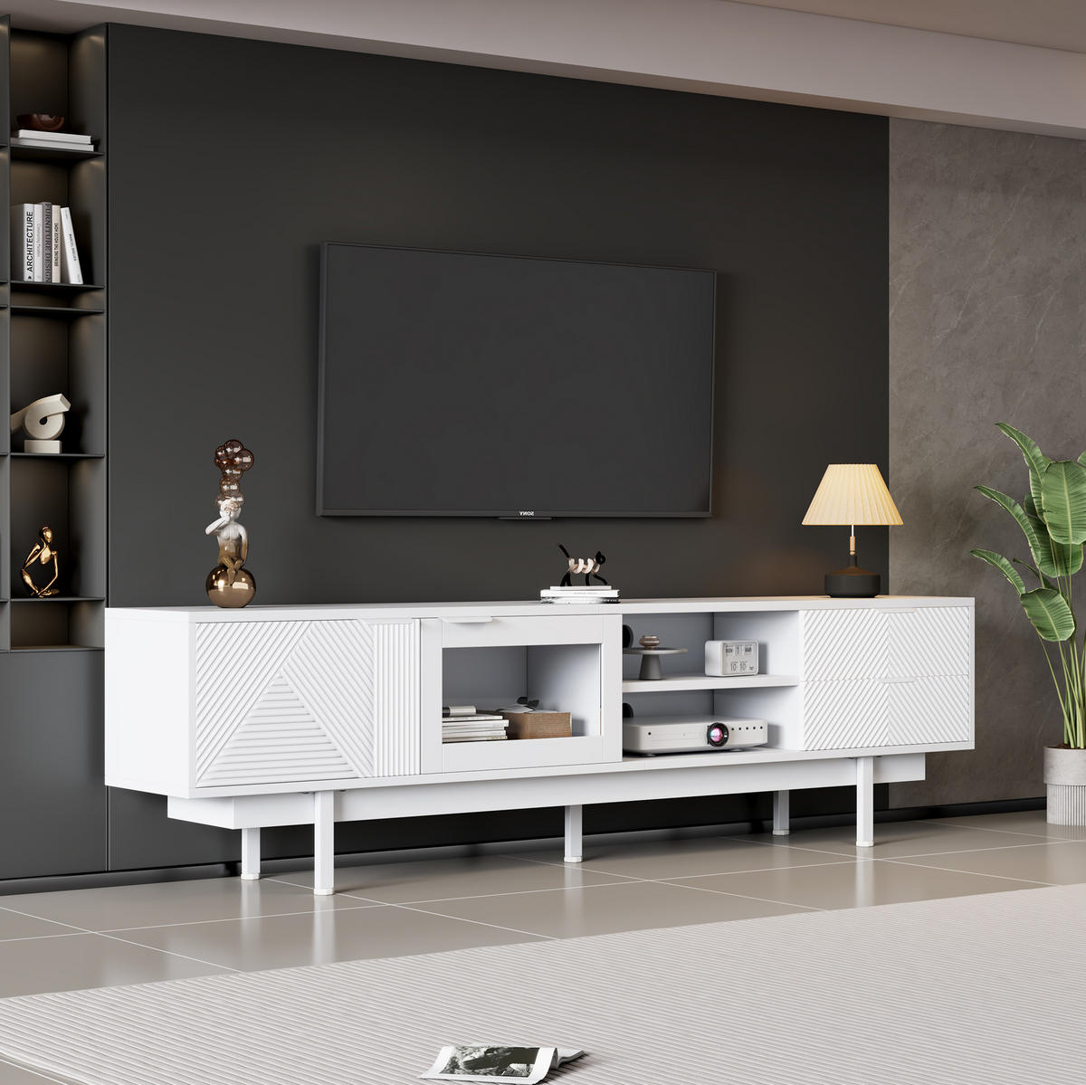 TV-LOWBOARD aus Spanplatte 200x40x50,5 cm Weiß mit 2 Türen, 2 Schubladen und Glasfront - Weiß, Holzwerkstoff (200/50.5/40cm) - Modfu