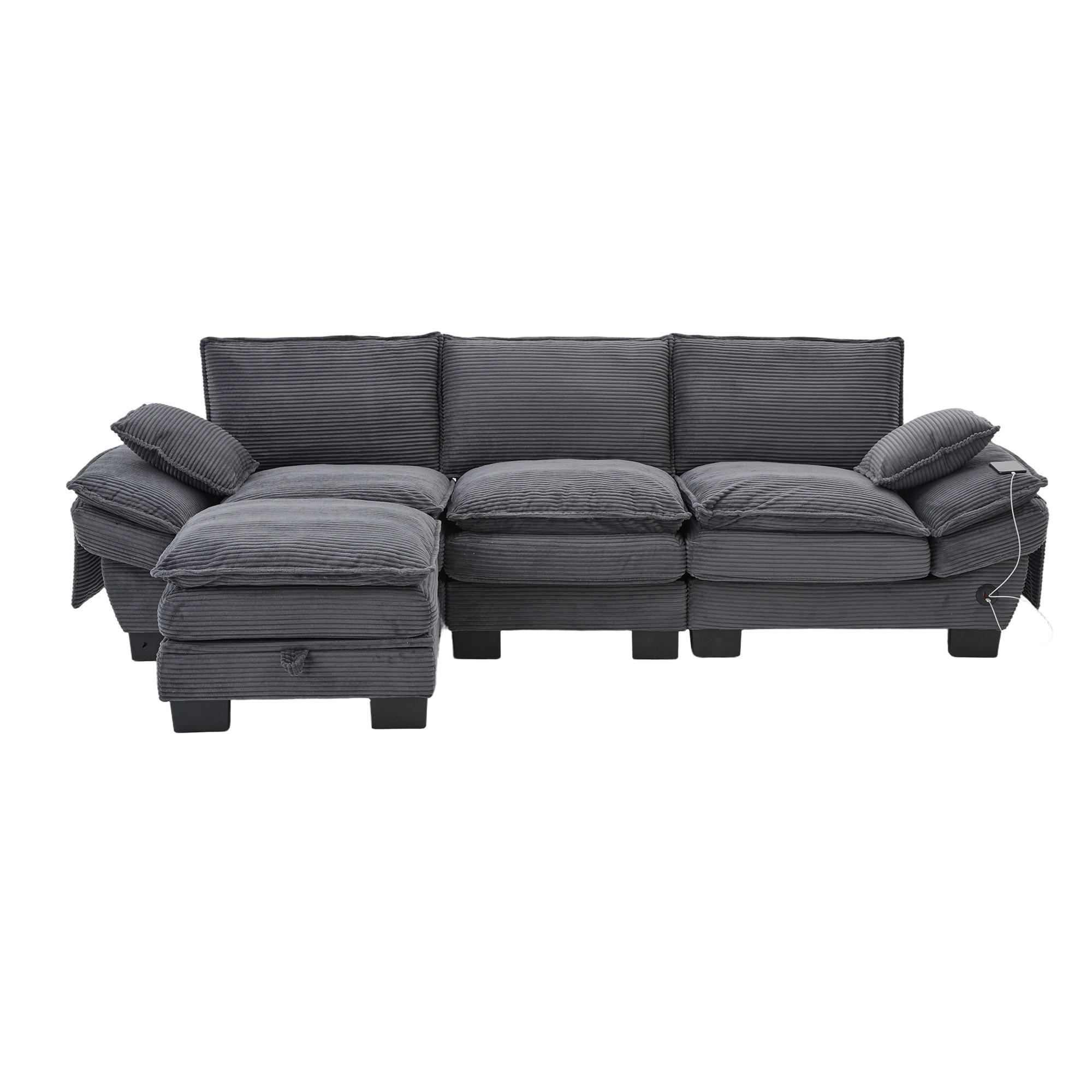 3-SITZER SOFA Cord Dunkelgrau mit Hocker, USB-C und Seitentaschen - Dunkelgrau, Holzwerkstoff/Kunststoff (260/132cm) - WISHDOR