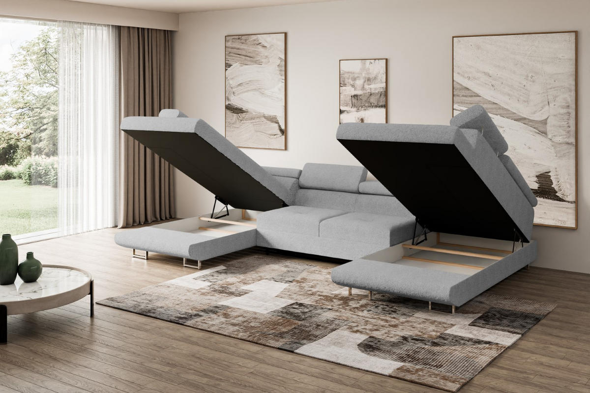 WOHNLANDSCHAFT mit Schlaffunktion und Bettkasten GUSA-U 342x202x107 cm Hellgrau Bouclé - Silberfarben/Hellgrau, Holzwerkstoff/Textil (342/107/202cm) - ALTDECOR