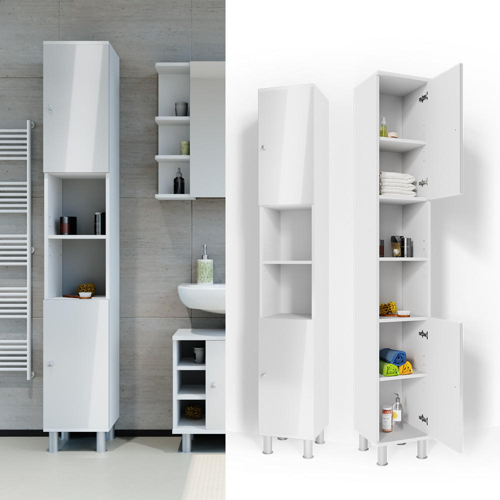 BADSCHRANK Fynn Weiß Hochglanz 30 x 190 cm - Weiß Hochglanz/Weiß, Holzwerkstoff (30/190/30cm) - Vicco